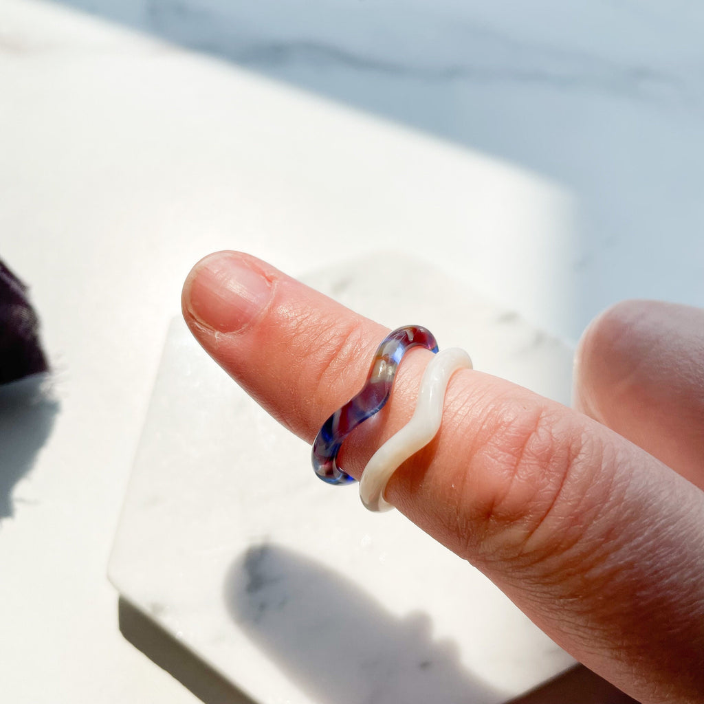 Heart Ring in Pearl | White Pearl Tortoise Shell Acetate Chevron Resin Stacking Rings Minimalist
