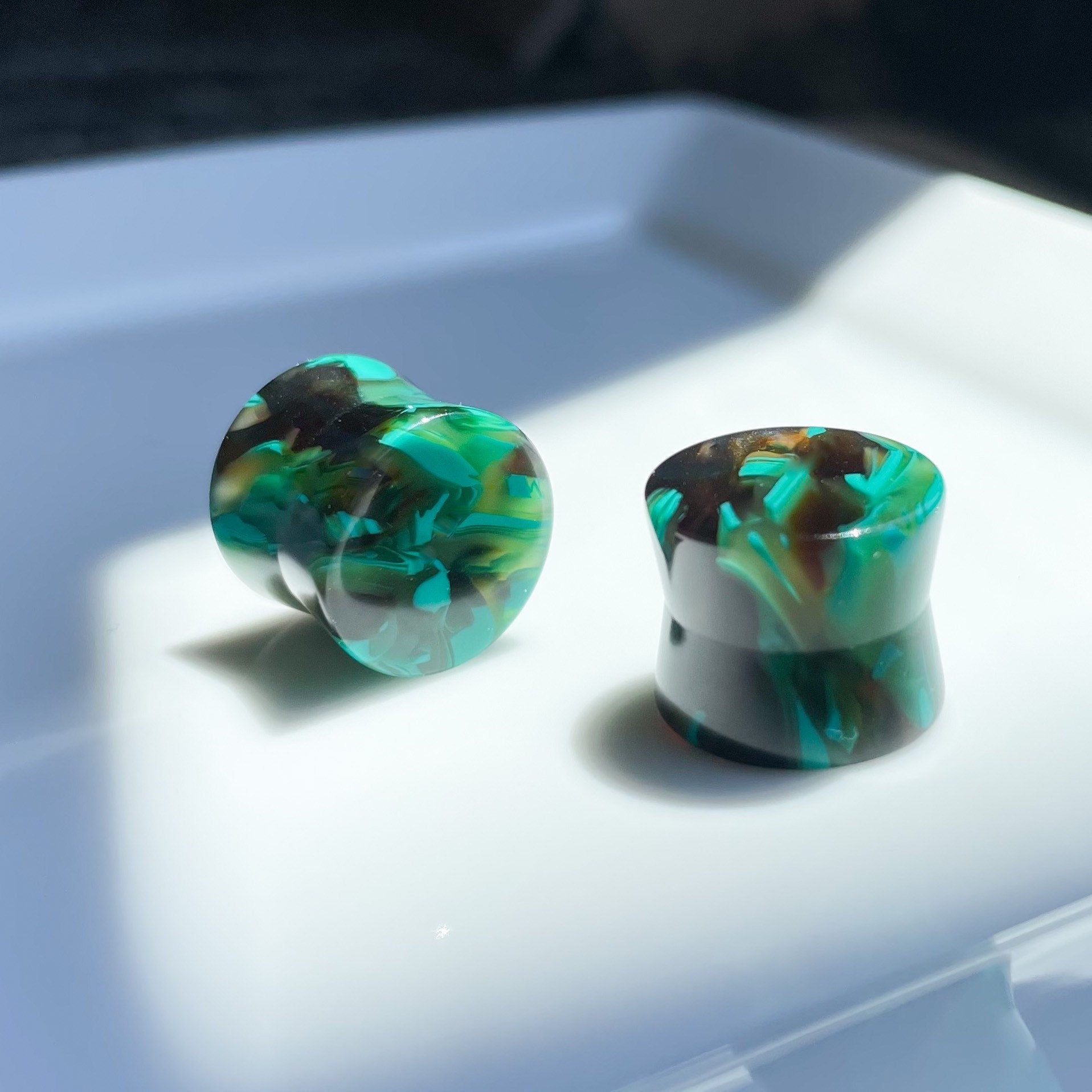 Green Swirl Cellulose Acetate Double Flare Plugs, Hypoallergenic Punk Gauges