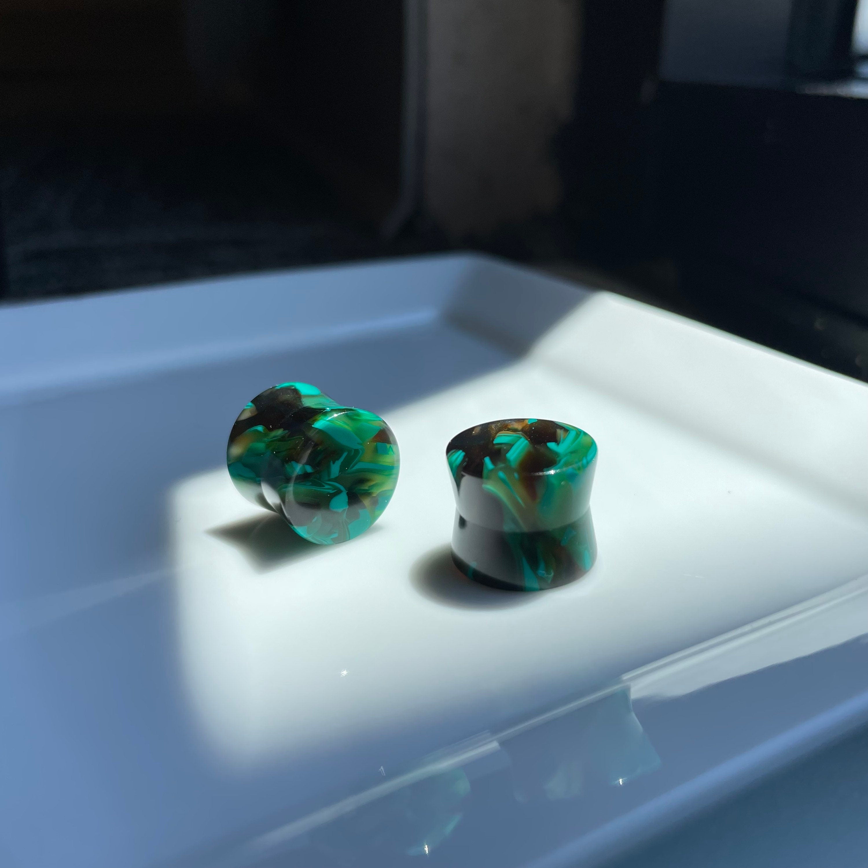 Green Swirl Cellulose Acetate Double Flare Plugs, Hypoallergenic Punk Gauges