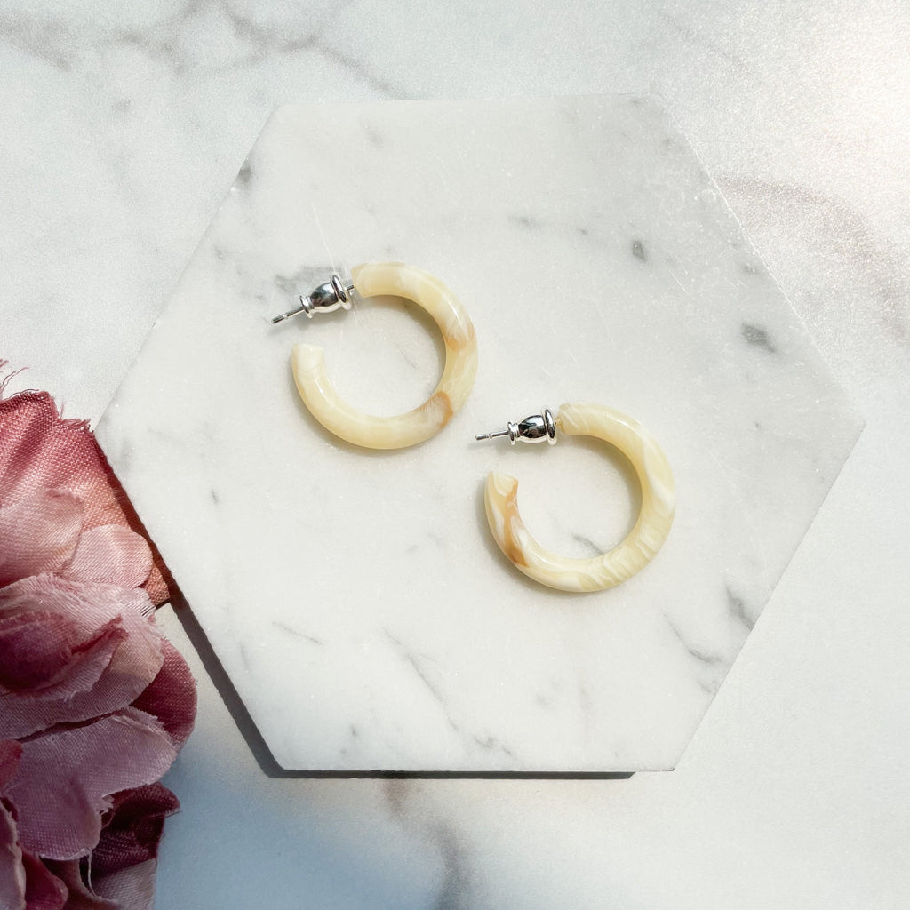 Ultra Mini 24mm Hoops in Honey Stone | Yellow White and Brown Swirl Hoop Earrings 925 Sterling Silver Posts