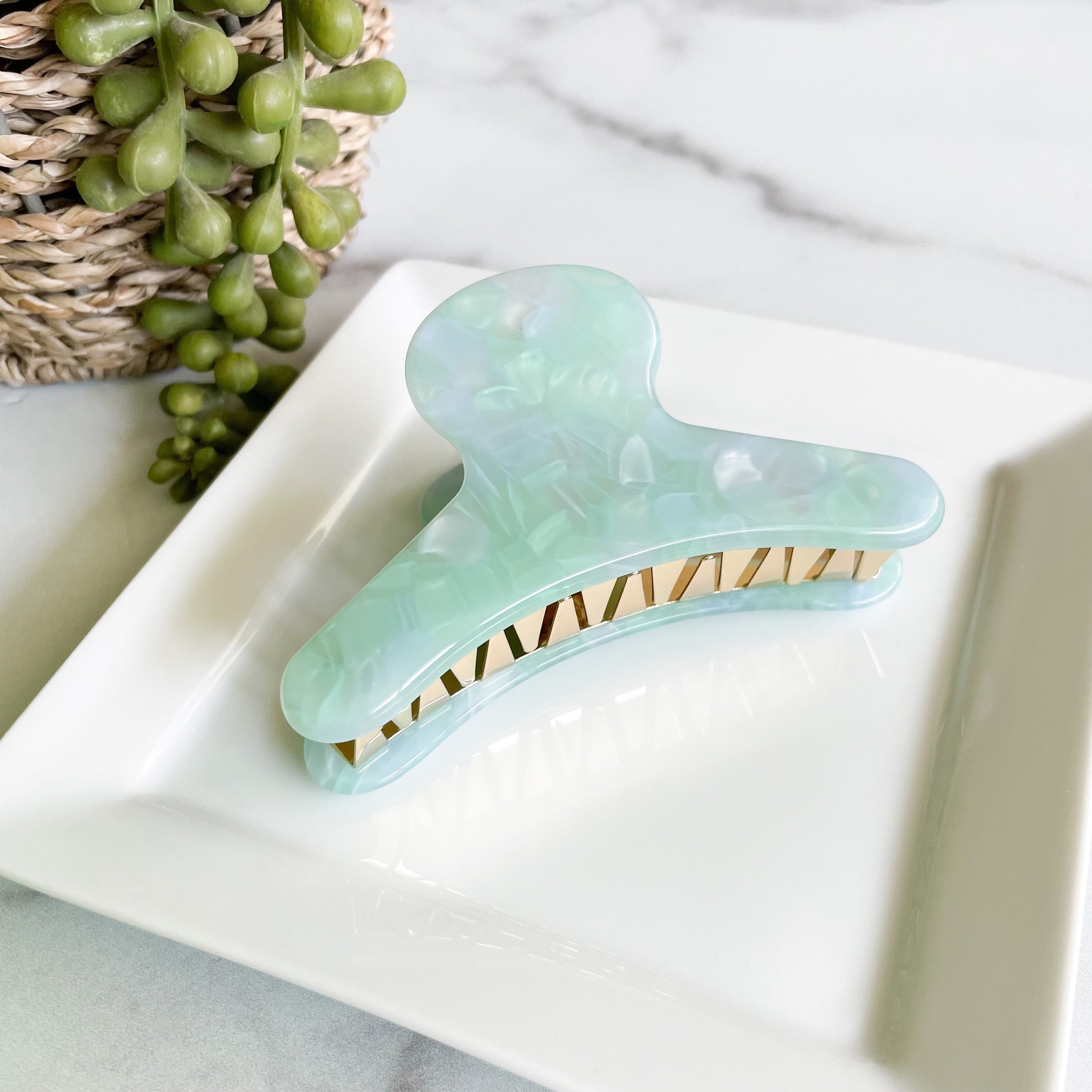 Lily Pad French Hair Claw | Teal Blue Green Pearl Acetate, Stainless Steel