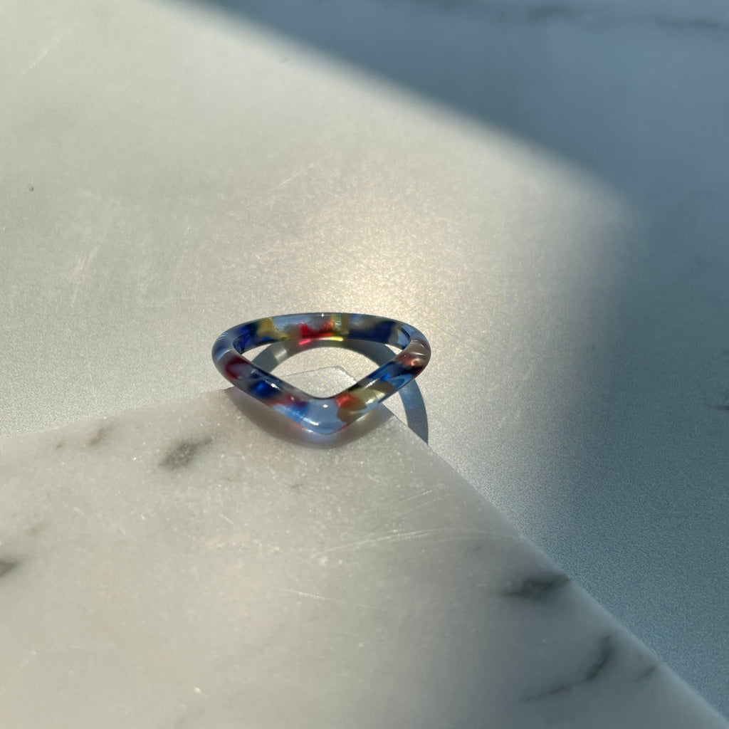Stained Glass Heart Ring | Blue Yellow Red Acetate Resin