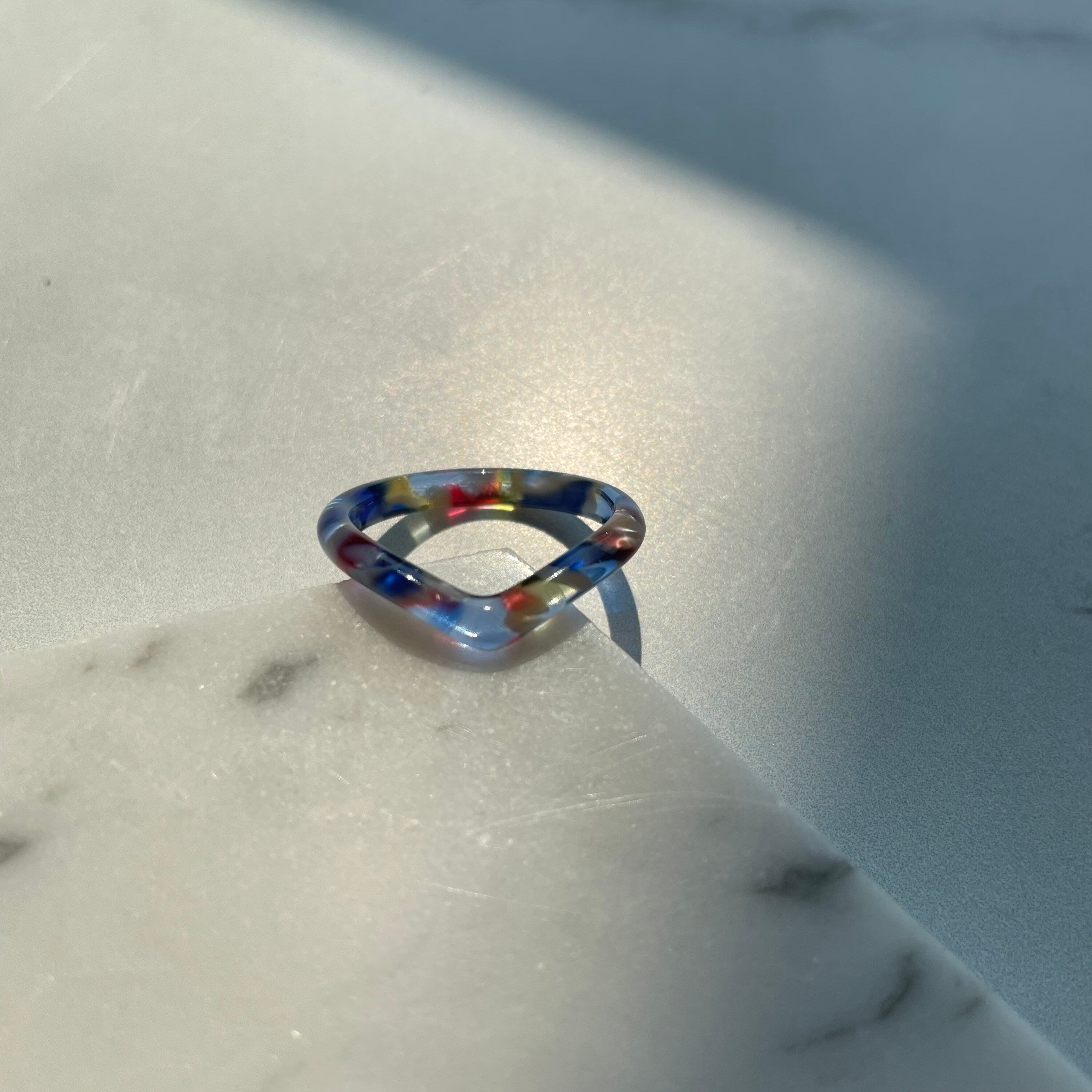 Stained Glass Heart Ring | Blue Yellow Red Acetate Resin