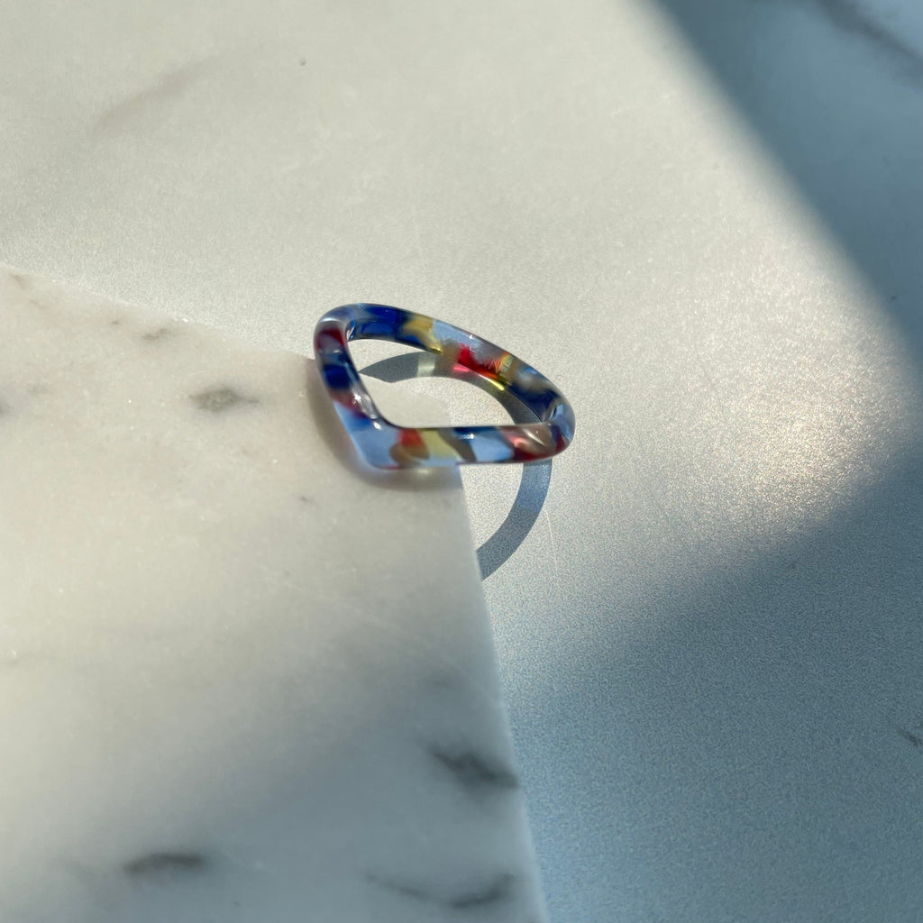 Stained Glass Heart Ring | Blue Yellow Red Acetate Resin