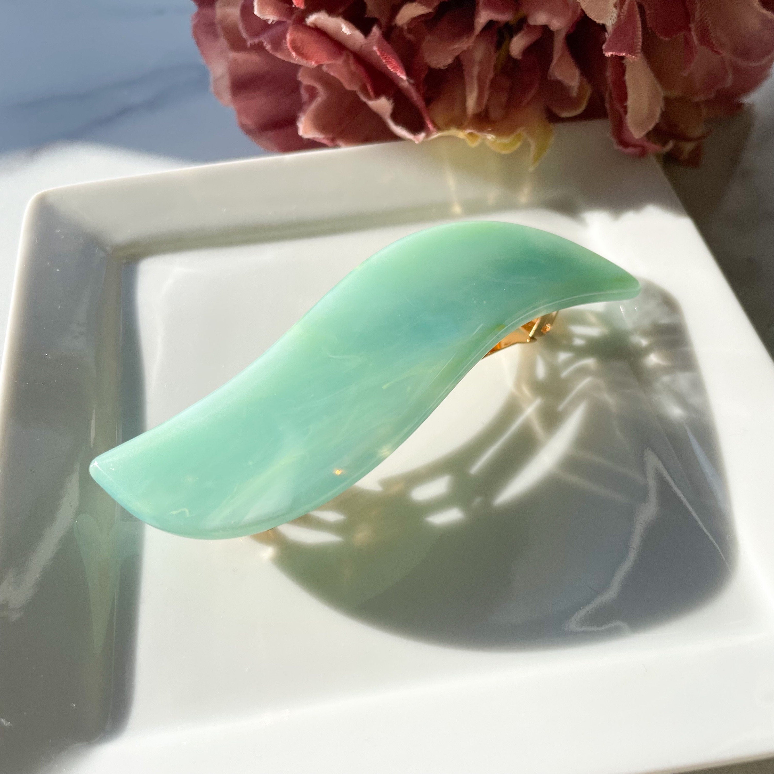 Wave Barrette in Jadeite | Teal Green Jade French Barrette Snap Hair Clip Non Slip