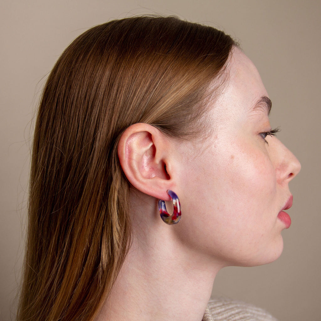 Stained Glass Hoop Earrings | Chunky Red Blue Yellow, Sterling Silver