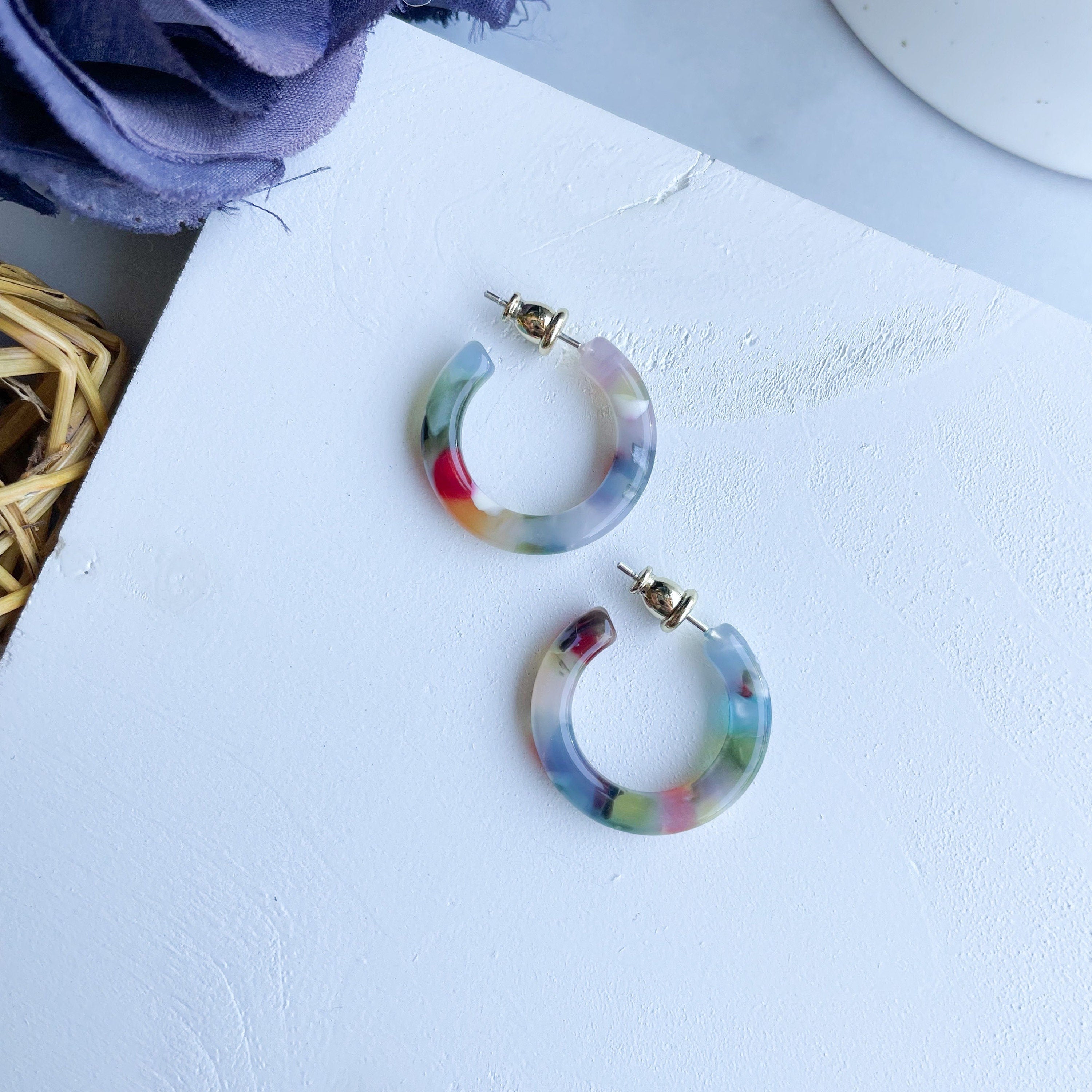 Rainbow Confetti Mini Hoop Earrings | Acetate, 925 Silver