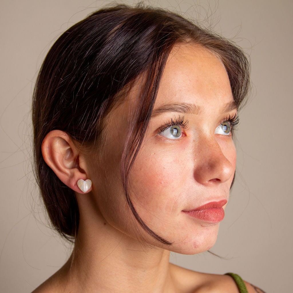 Iridescent Heart Stud Earrings | White Opalescent Pearl, .925 Silver