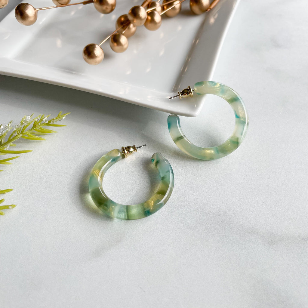 Green Acetate Hoop Earrings | 35mm Chunky Dew Drop Hoops, Sterling Silver Posts