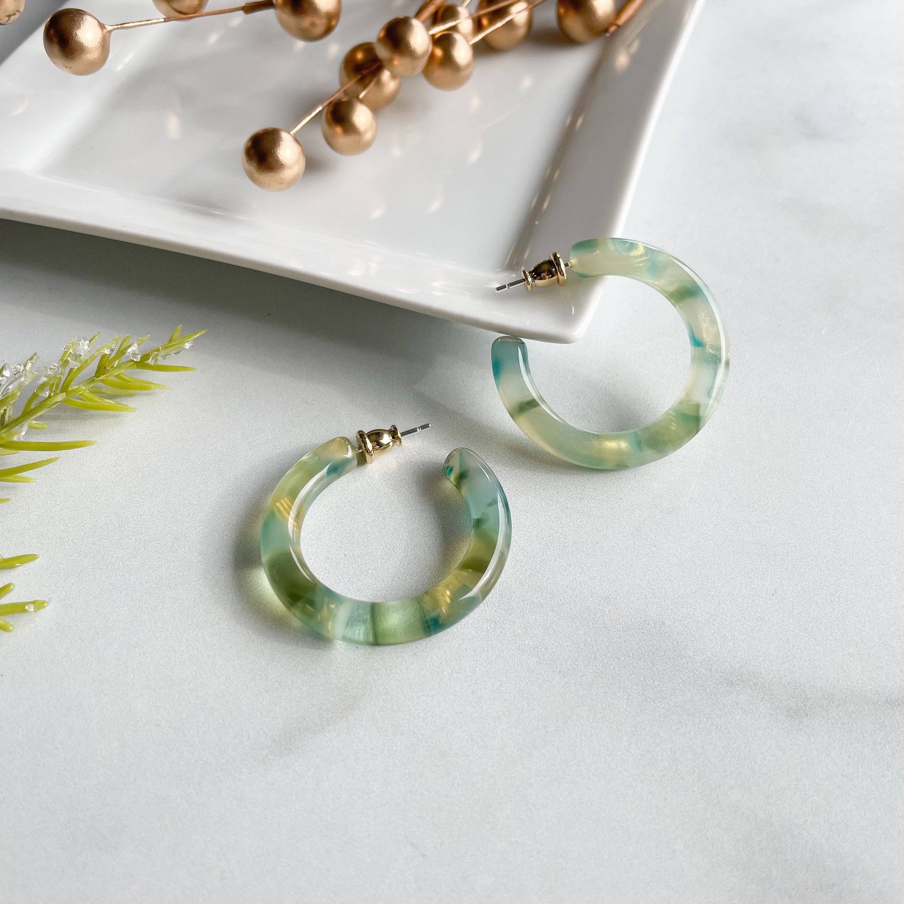Green Acetate Hoop Earrings | 35mm Chunky Dew Drop Hoops, Sterling Silver Posts