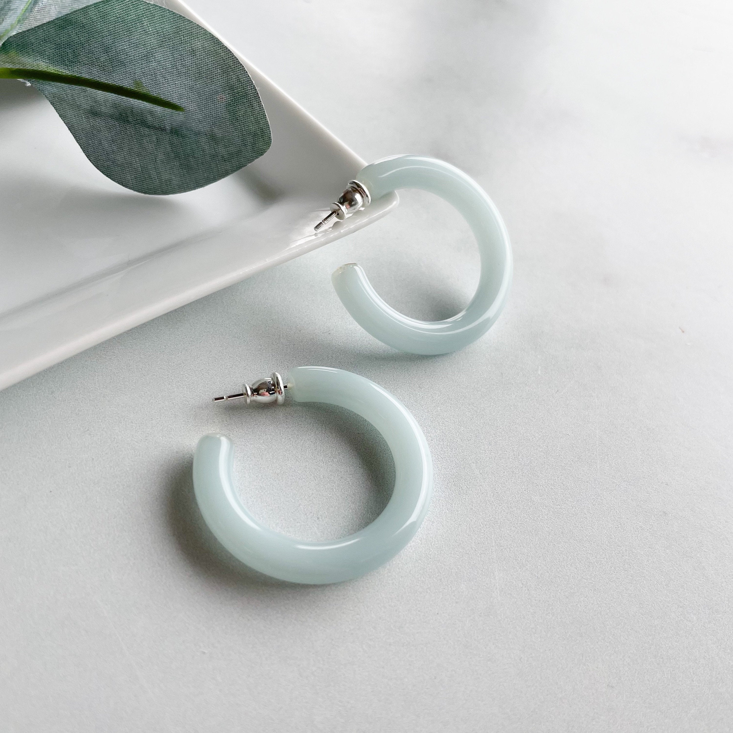 Chunky Light Blue Hoop Earrings | 34mm, Sterling Silver Posts