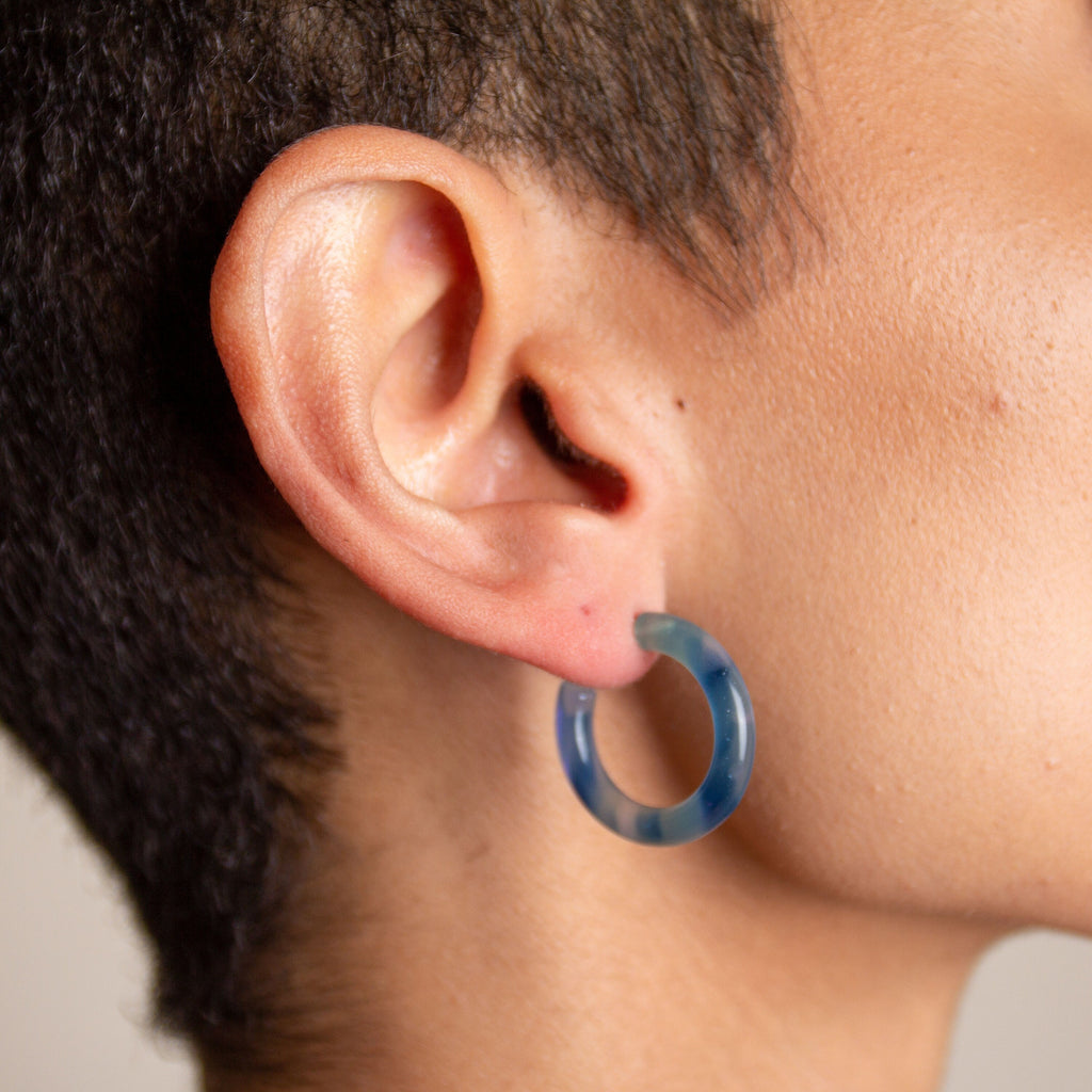 Blue Glitter Milky Way Hoop Earrings | Sterling Silver Posts, 24mm