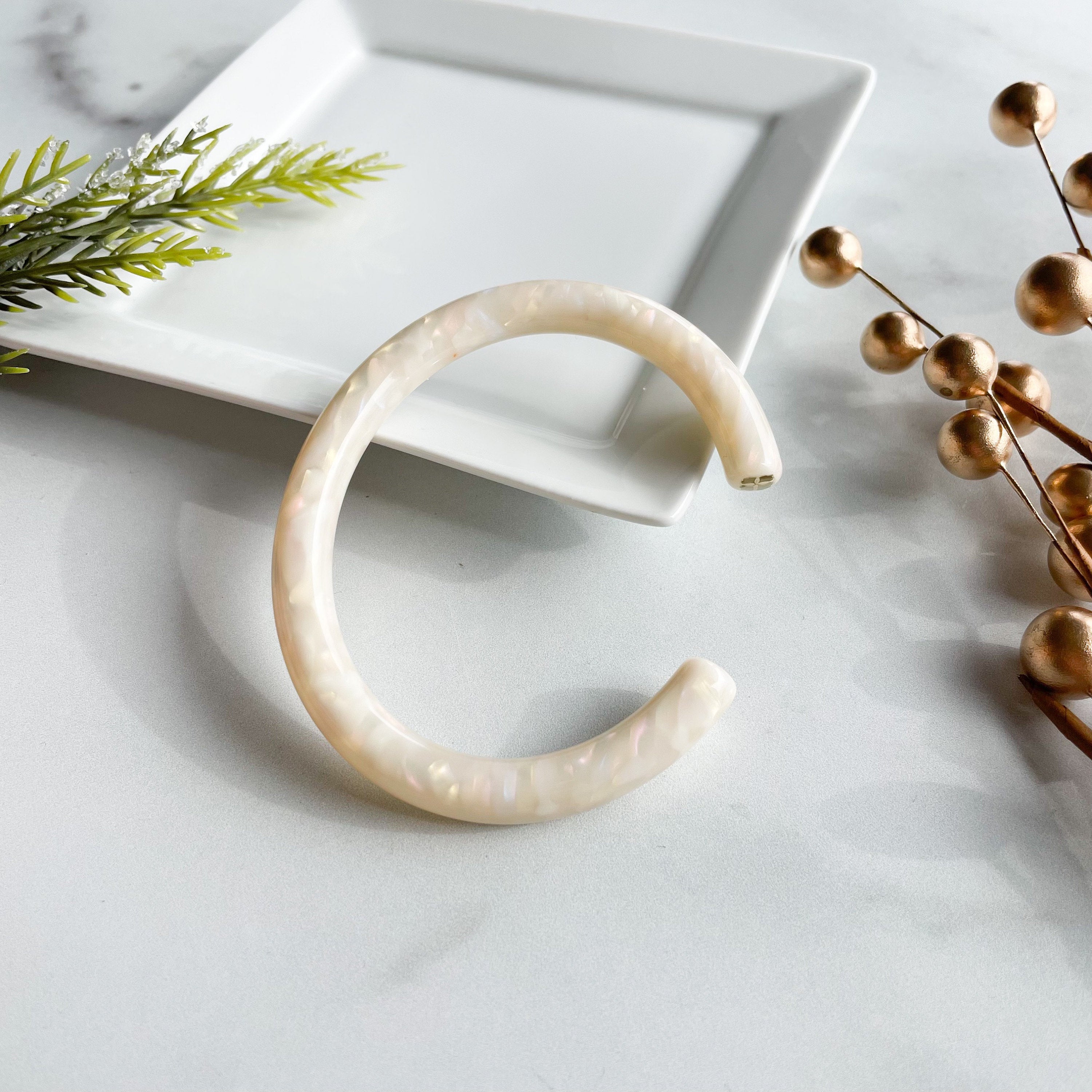 Lush Bangle Cuff in Opal| Thick White Pearl Opalescent Bracelet Italian Cellulose Acetate