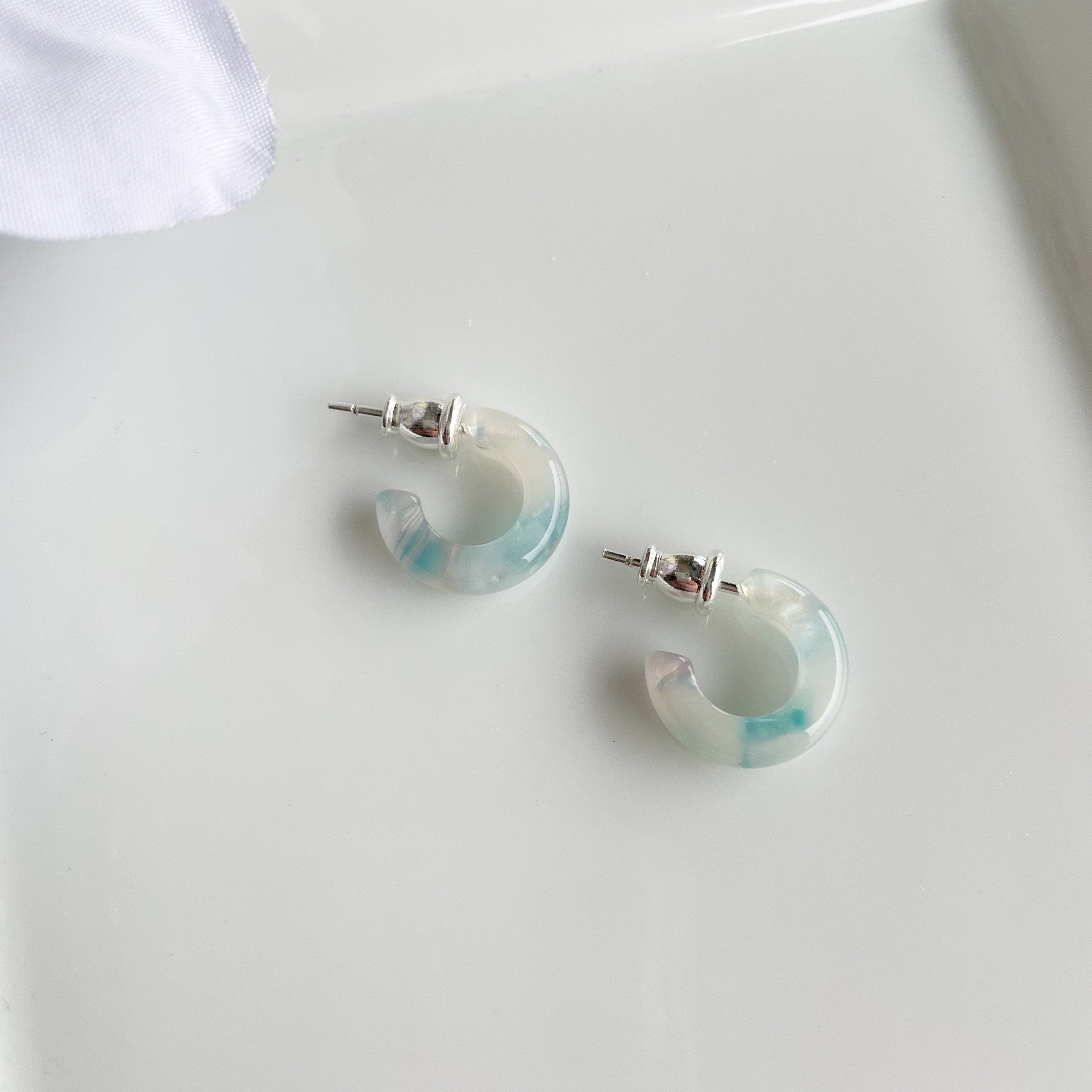 Mermaid Huggie Hoop Earrings | Teal, White, and Green, 925 Sterling Silver Posts (15mm)