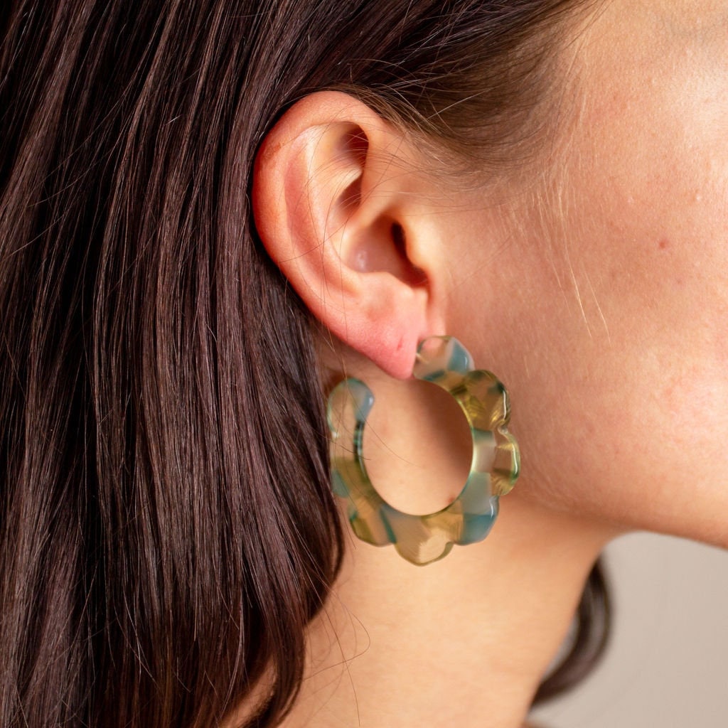 Flower Power Hoops in River Rock | Solid Grey Hoop | Italian Acetate Floral Hoop Earrings .925 Sterling Silver Posts