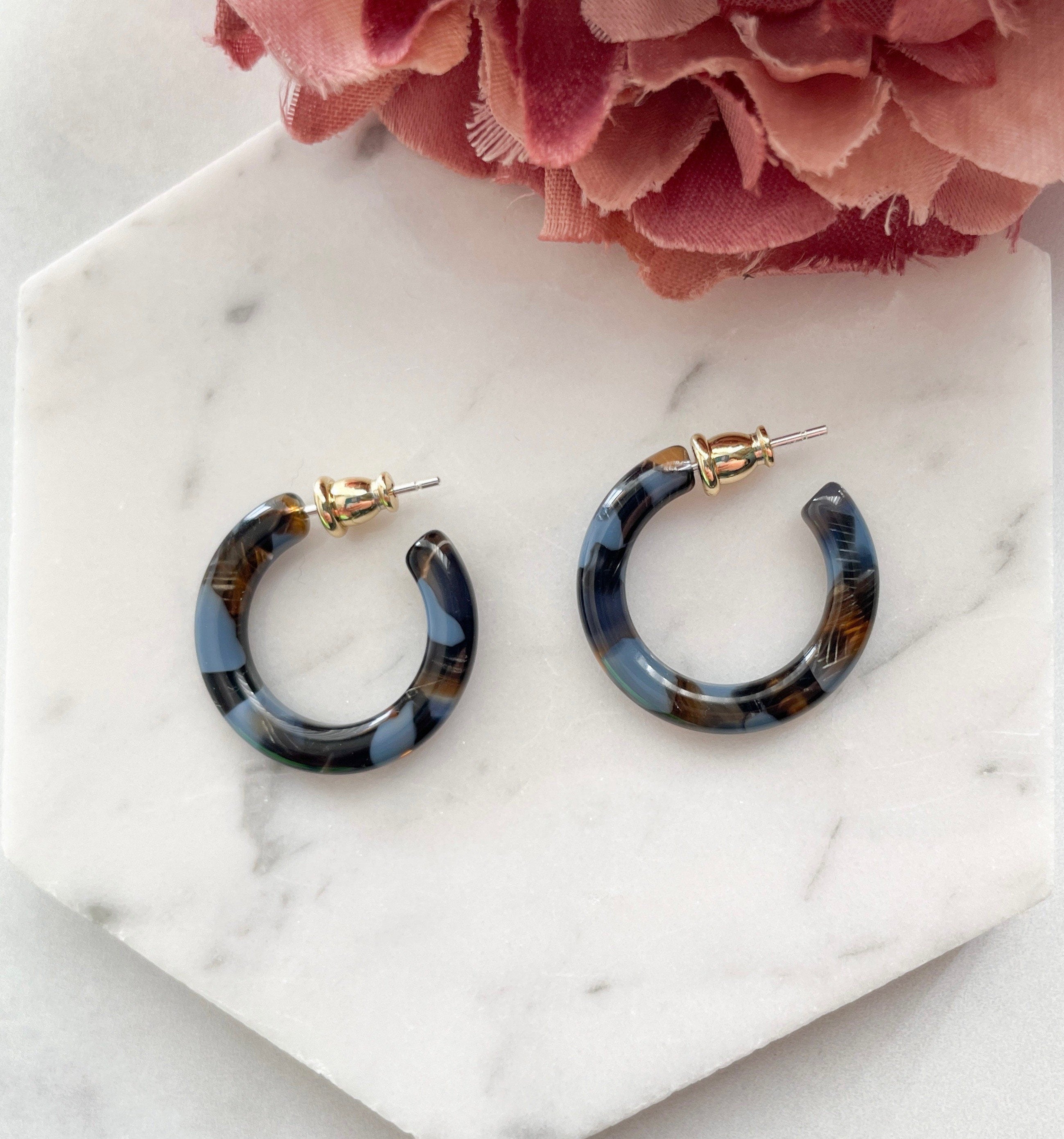 Acetate Mini Hoop Earrings | Blue Brown Reef, 925 Silver Posts (24mm)