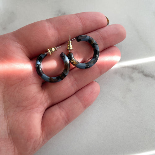 Acetate Mini Hoop Earrings | Blue Brown Reef, 925 Silver Posts (24mm)