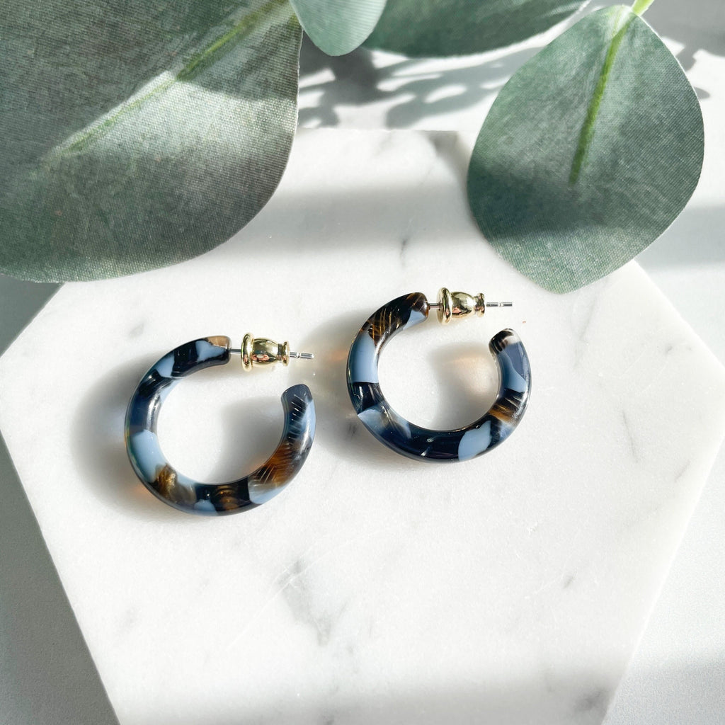 Acetate Mini Hoop Earrings | Blue Brown Reef, 925 Silver Posts (24mm)