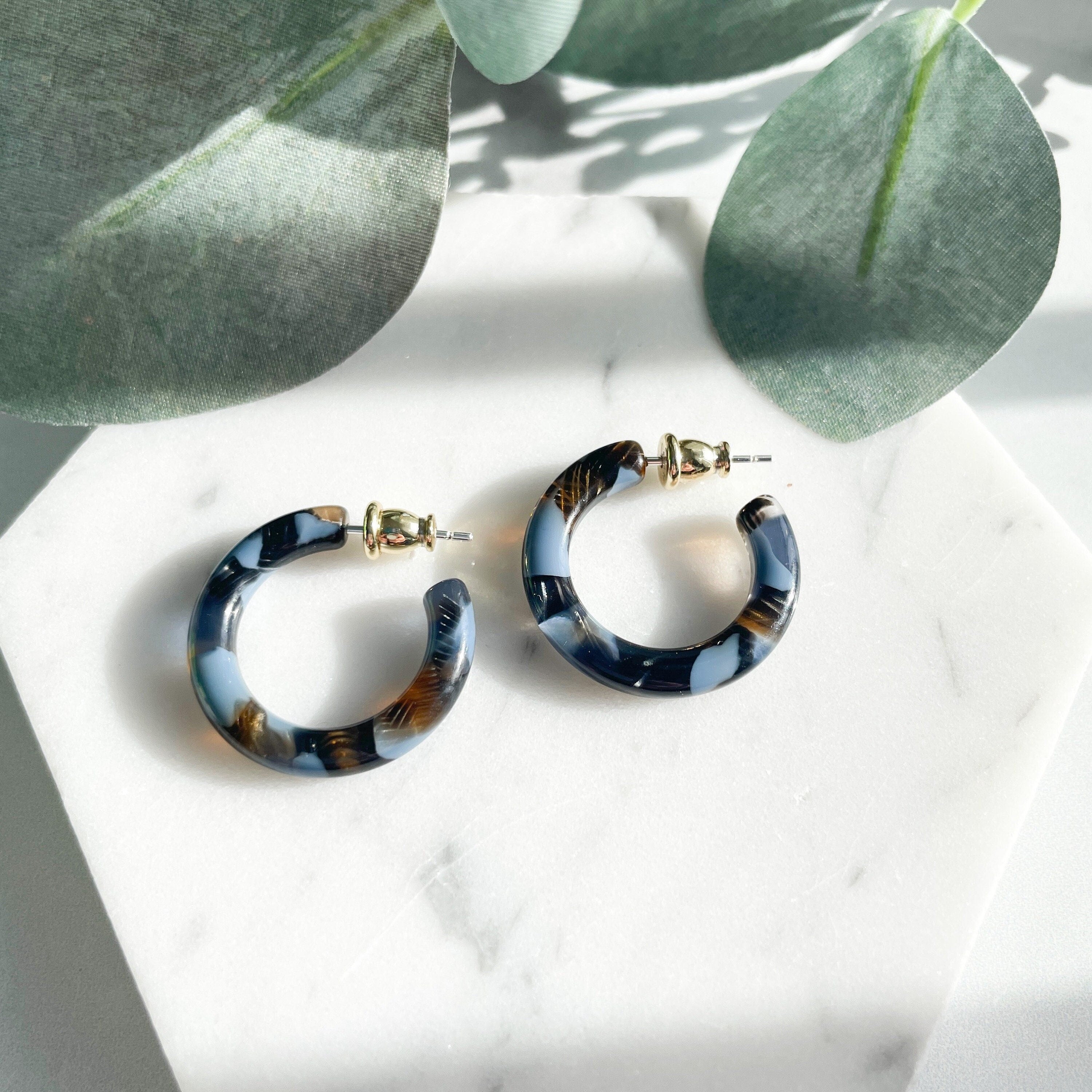 Acetate Mini Hoop Earrings | Blue Brown Reef, 925 Silver Posts (24mm)