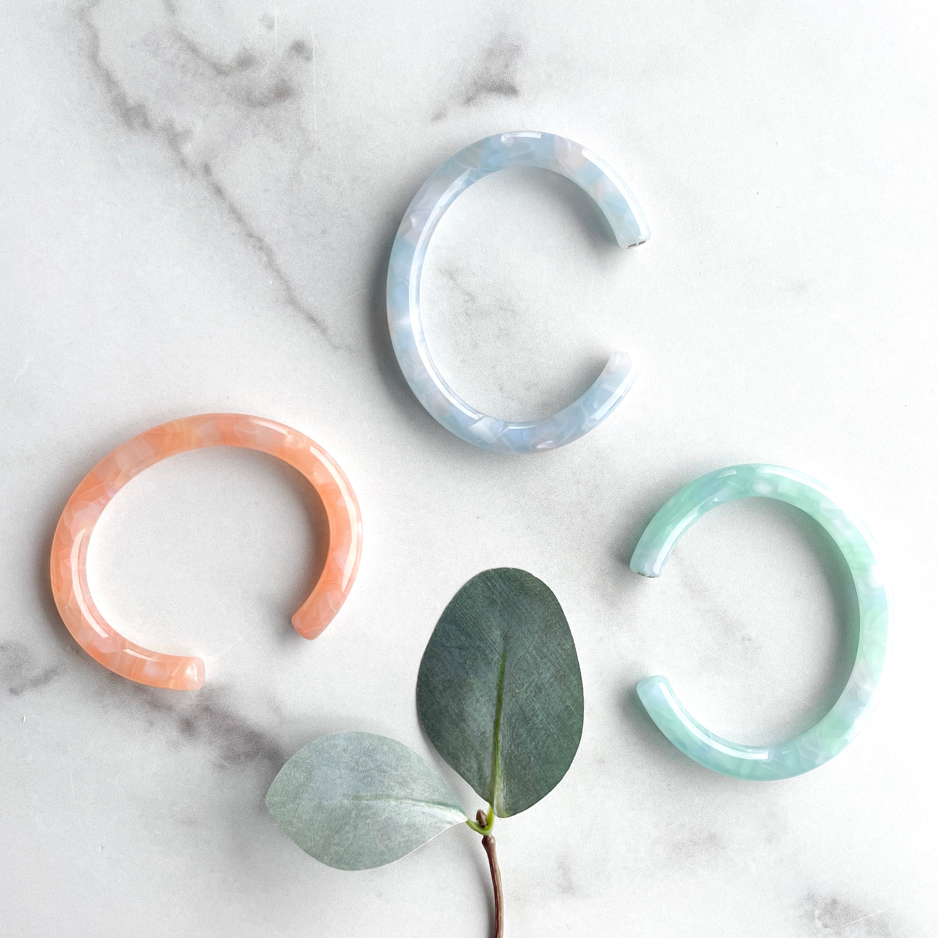 3 Pack Italian Acetate Resin Cuff Bangle Bracelet, Sky Peach Lily Pad