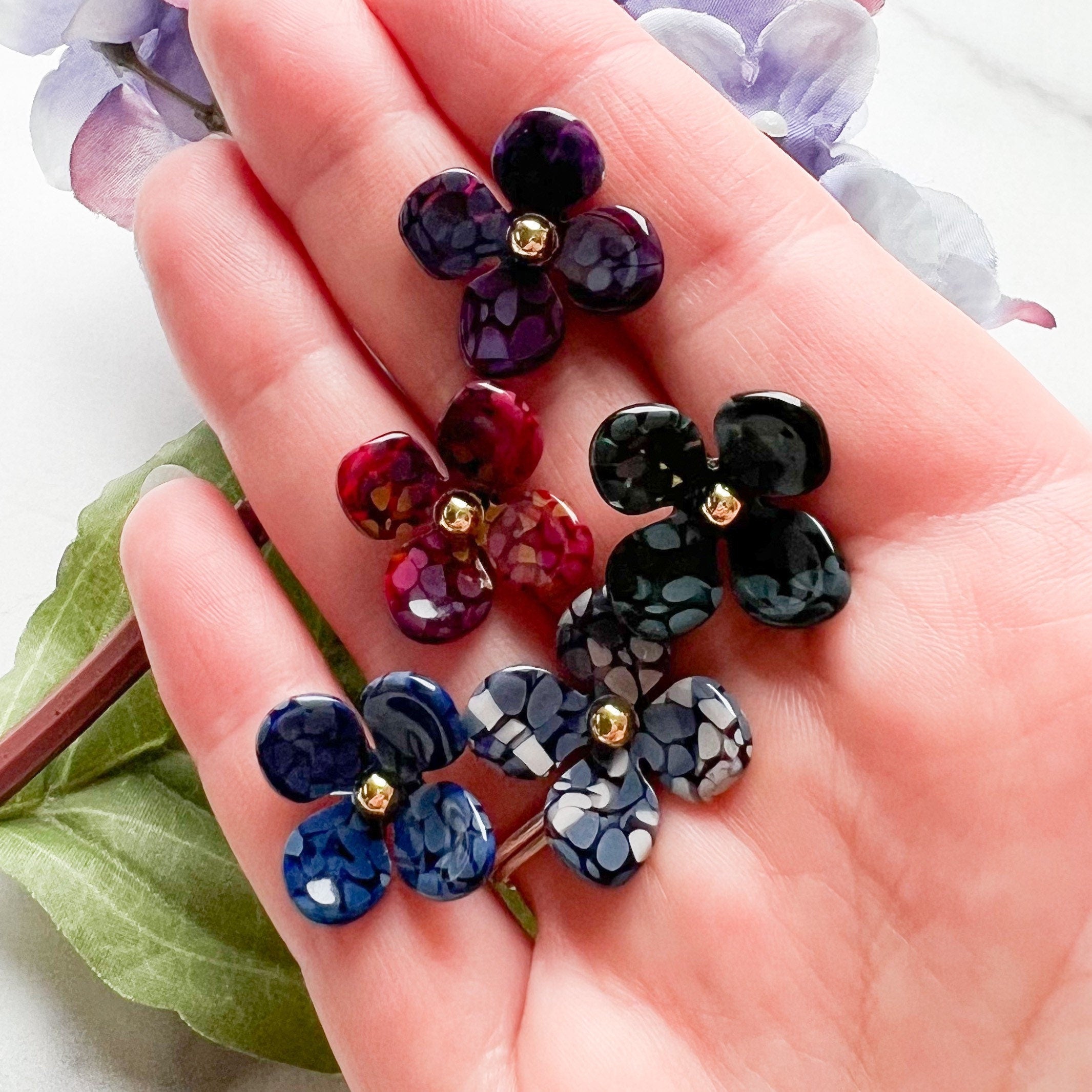 2 pack Hydrangea Flower Studs | Cellulose Acetate Colorful Resin Floral Stud Earrings 14k Posts Nickel Free