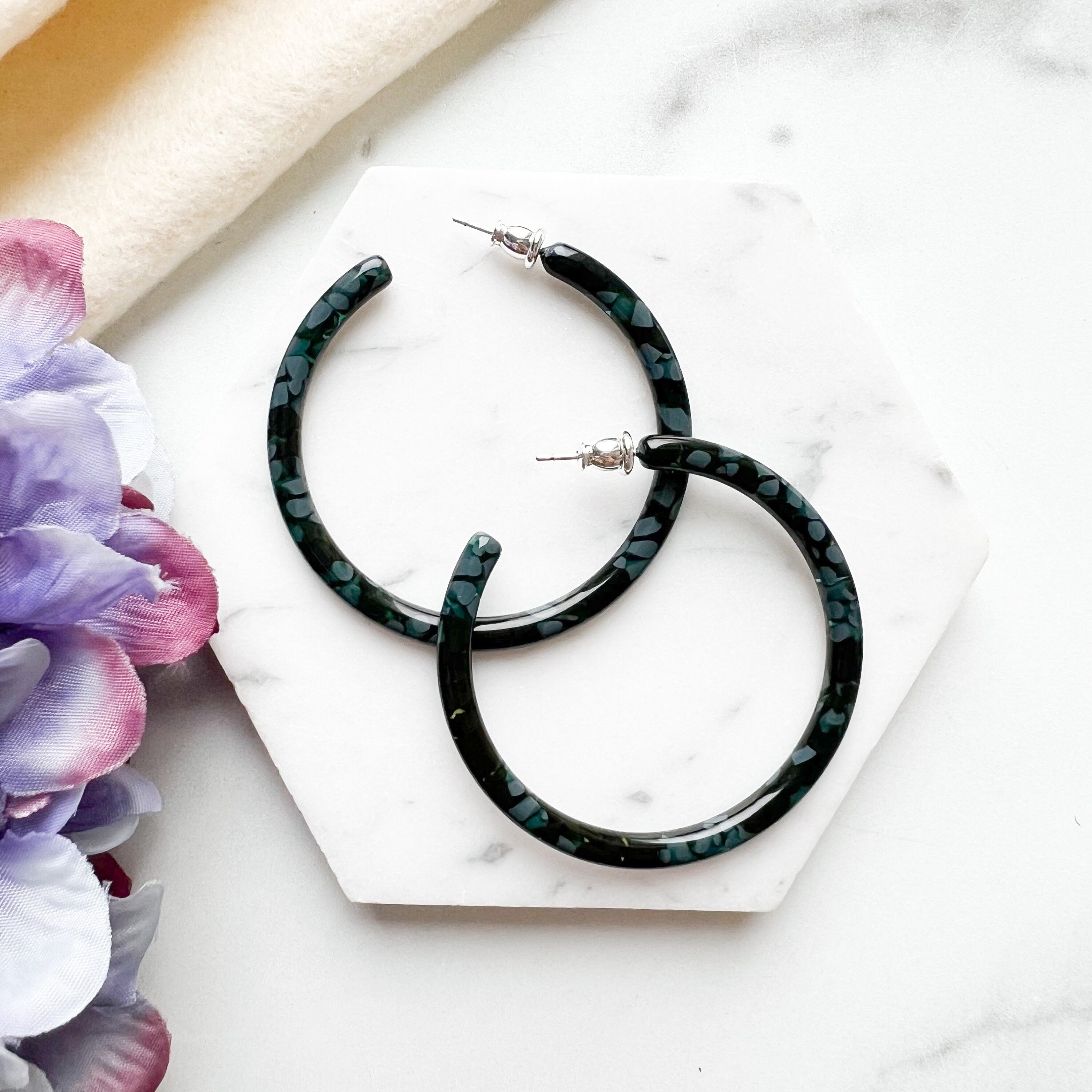Floral Hoop Earrings | Hydrangea Print, Sterling Silver Posts