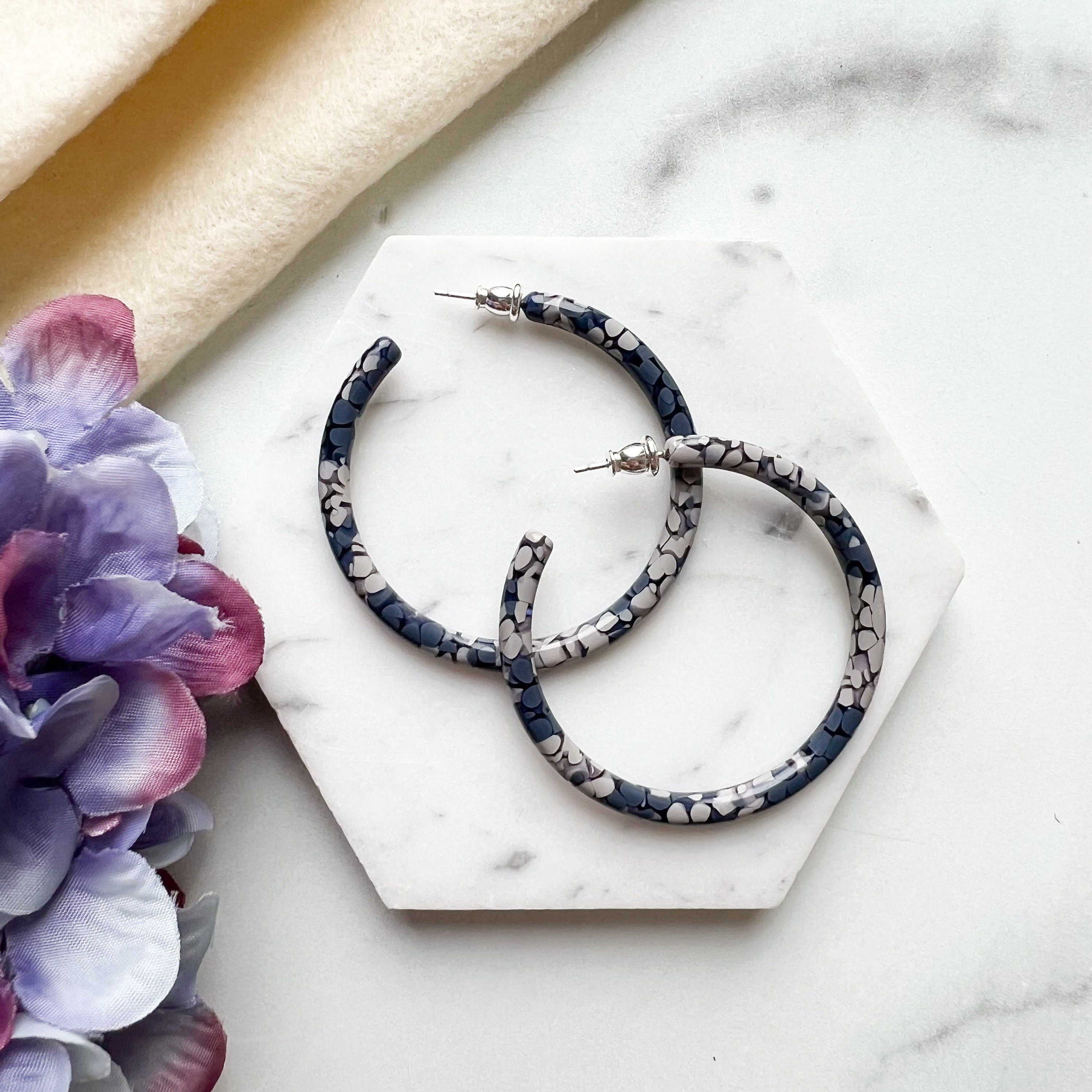 Floral Hoop Earrings | Hydrangea Print, Sterling Silver Posts