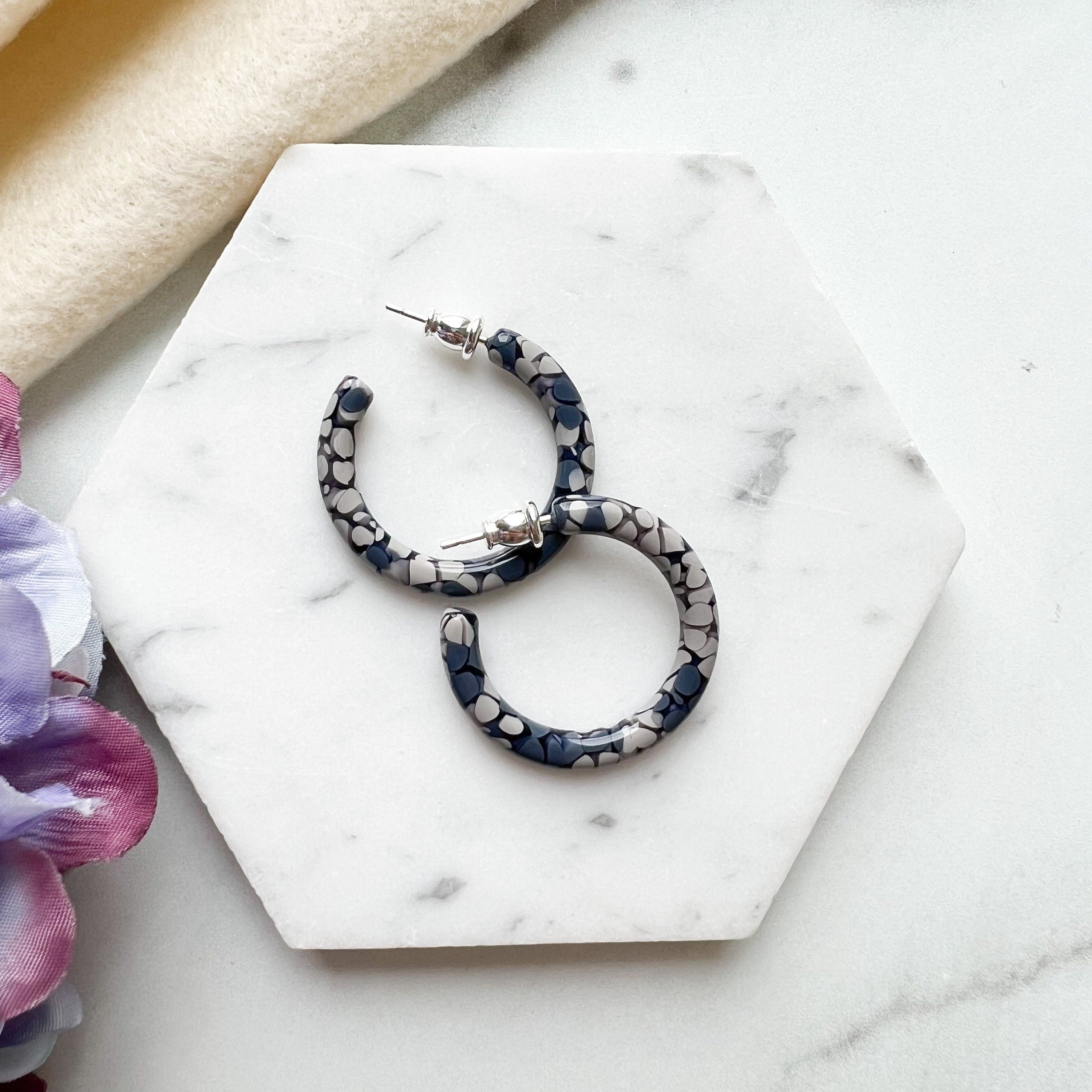Thin Round Hoops 30mm Flora Collection | Hoop Earrings Cellulose Acetate 925 Sterling Silver Posts