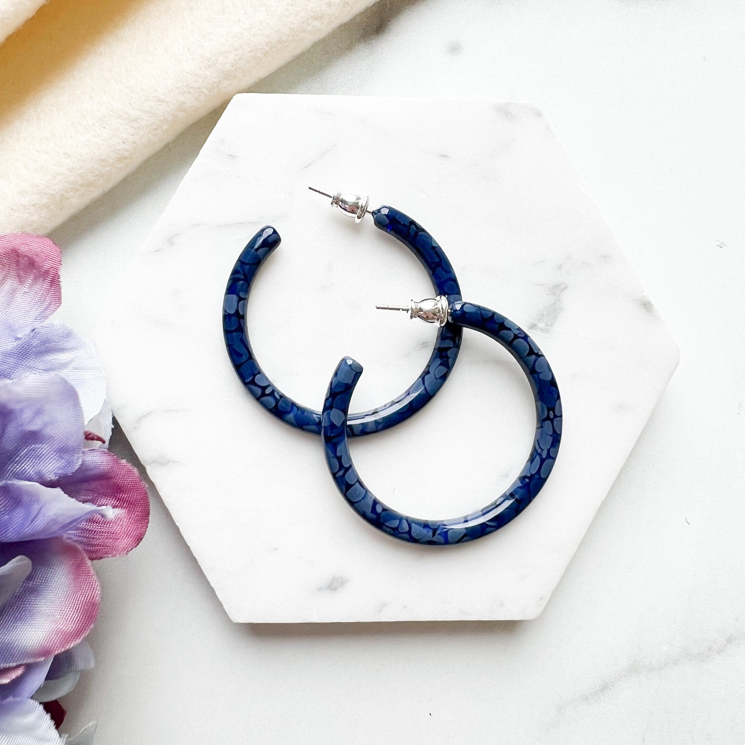 Hydrangea Collection Hoop Earrings | Floral Cellulose Acetate, Sterling Silver Posts