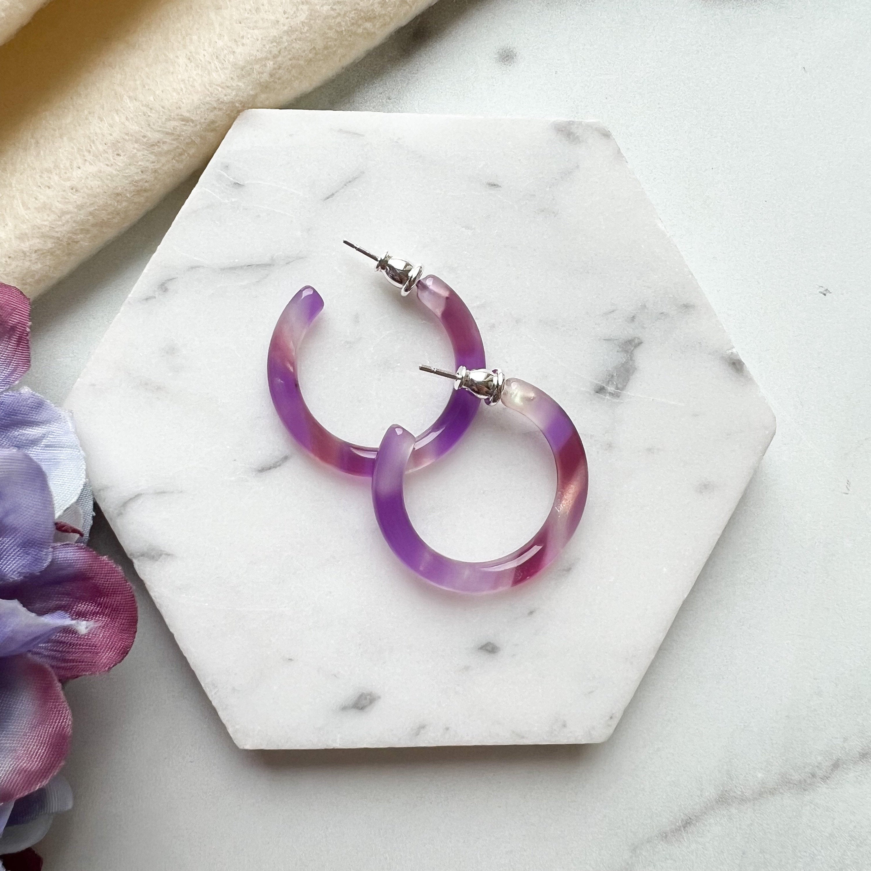 2 Pack - Thin Round Hoops 30mm | Hoop Earrings Cellulose Acetate 925 Sterling Silver Posts