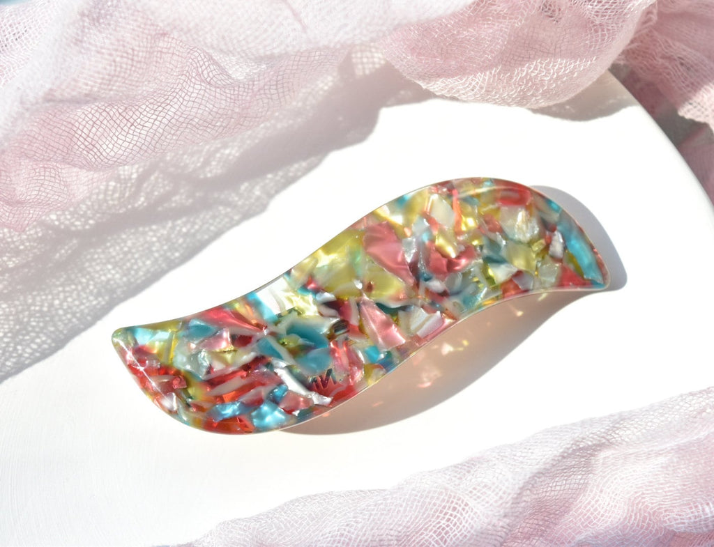 Wave Barrette in Watercolor | Teal Yellow Red French Barrette Snap Hair Clip Non Slip