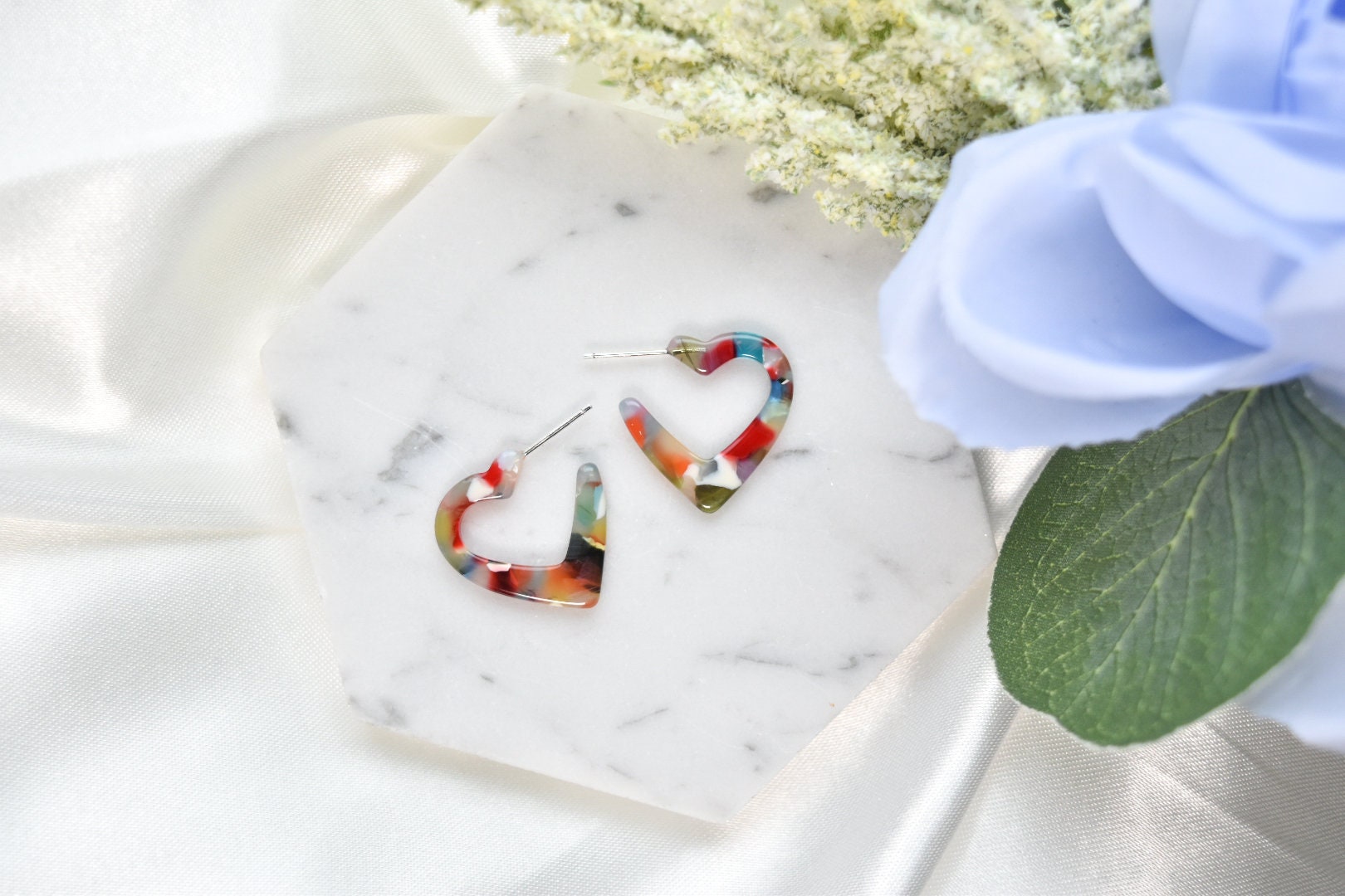 3 Pack - Heart Hoop Earrings | Colorful Acetate, Sterling Silver Posts