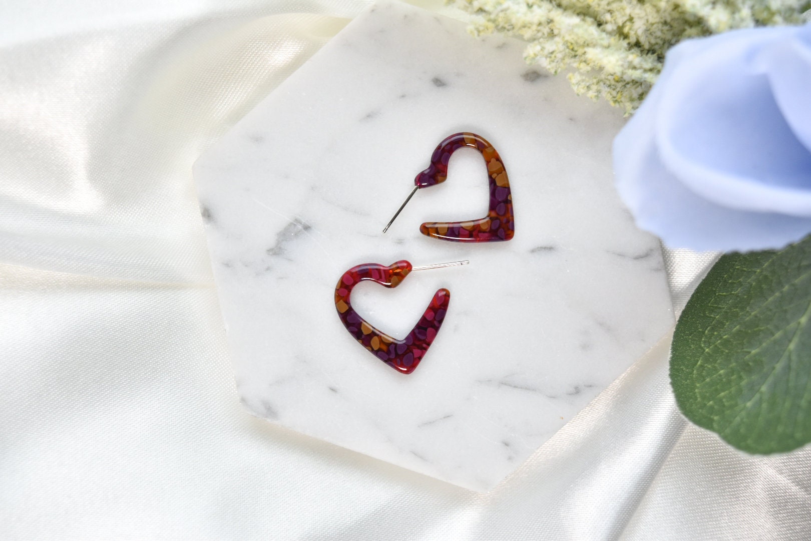 3 Pack - Heart Hoop Earrings | Colorful Acetate, Sterling Silver Posts