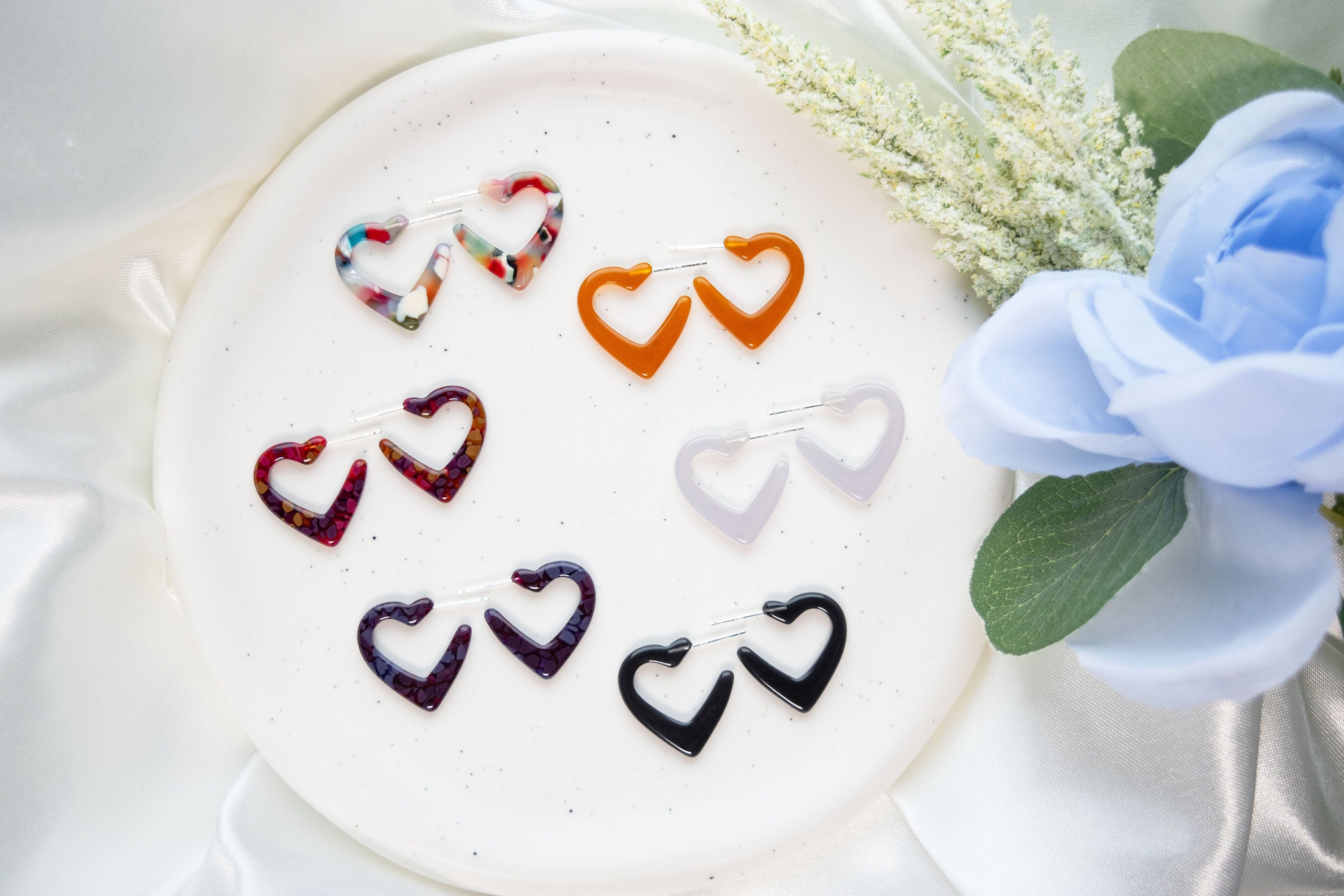 3 Pack - Heart Hoop Earrings | Colorful Acetate, Sterling Silver Posts