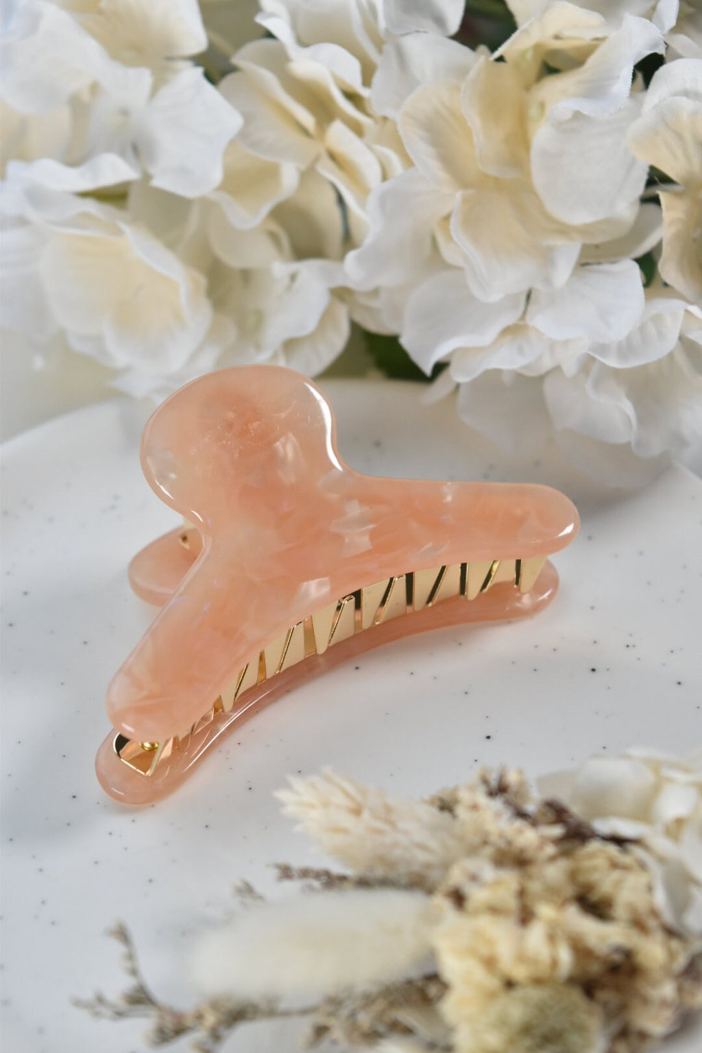 Peach Tortoise Shell Hair Claw | Pink Acetate Clip, Gold Teeth