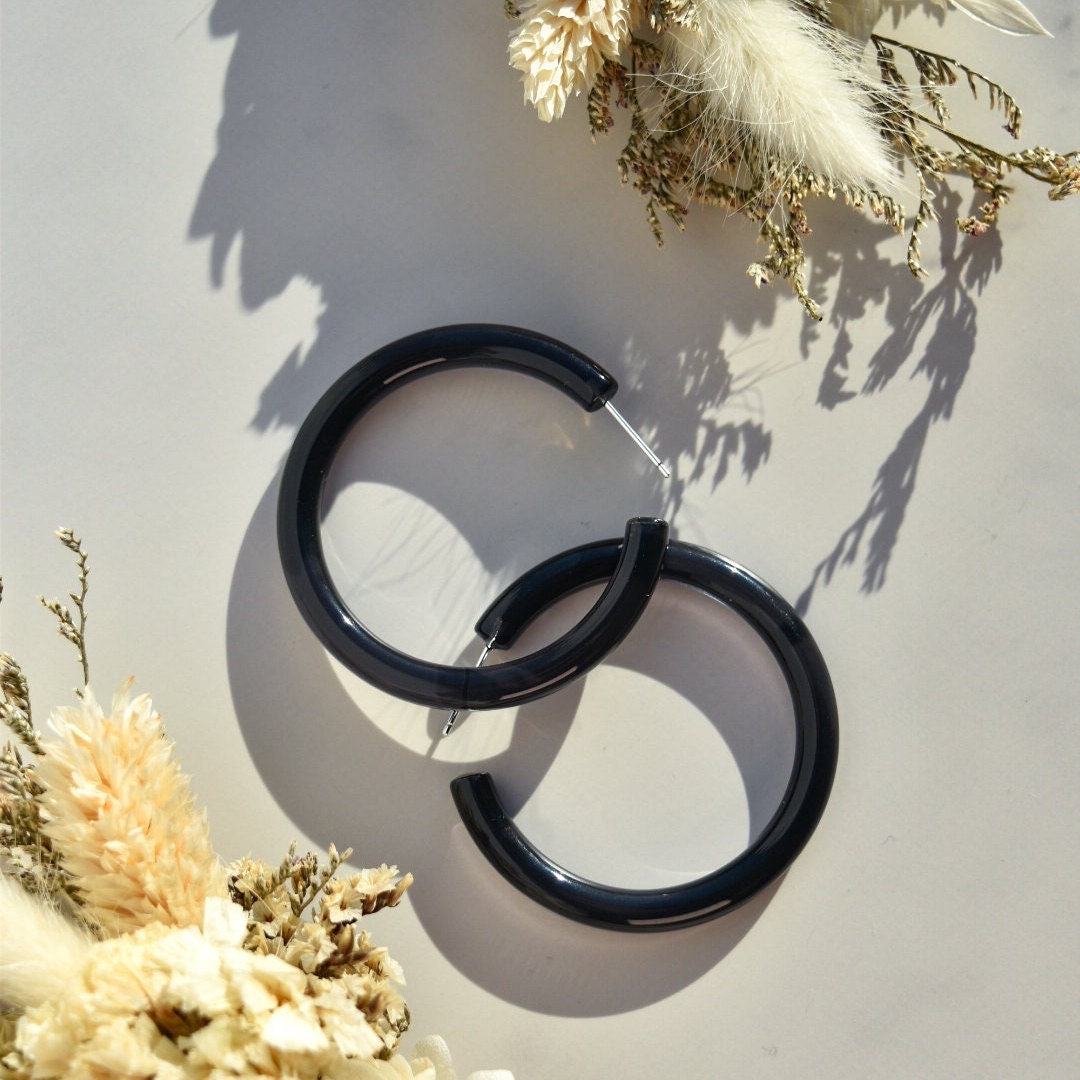 Chunky Opal Acetate Hoop Earrings | S925 Silver Posts (50mm)