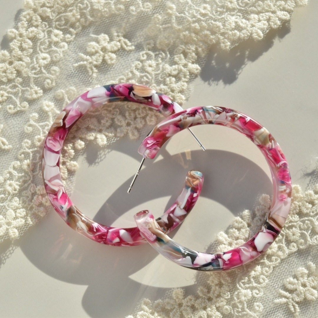 Chunky Opal Acetate Hoop Earrings | S925 Silver Posts (50mm)