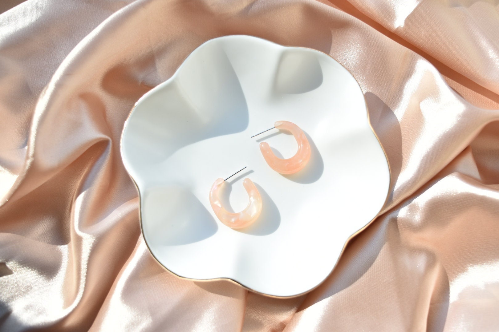 Peach Acetate Hoop Earrings | Chunky Oval with Sterling Silver Posts