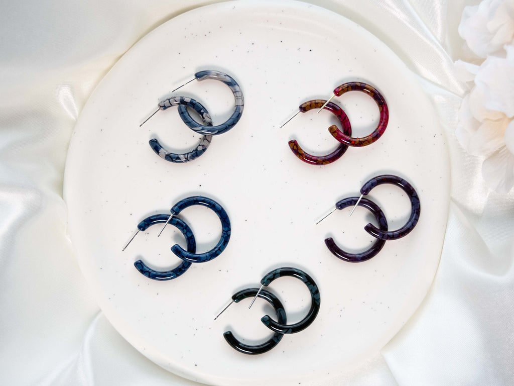 Thin Round Hoops 30mm Flora Collection | Hoop Earrings Cellulose Acetate 925 Sterling Silver Posts