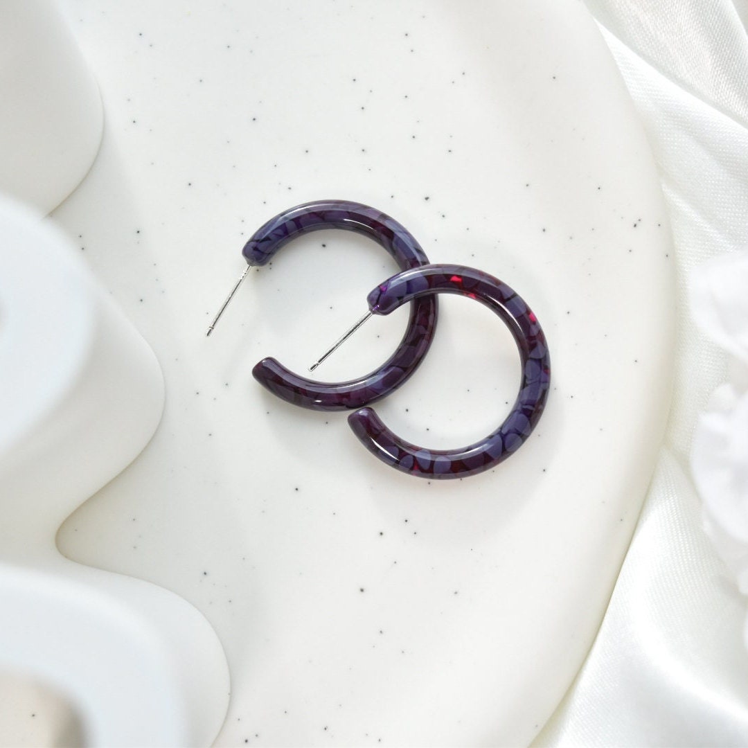Thin Round Hoops 30mm Flora Collection | Hoop Earrings Cellulose Acetate 925 Sterling Silver Posts
