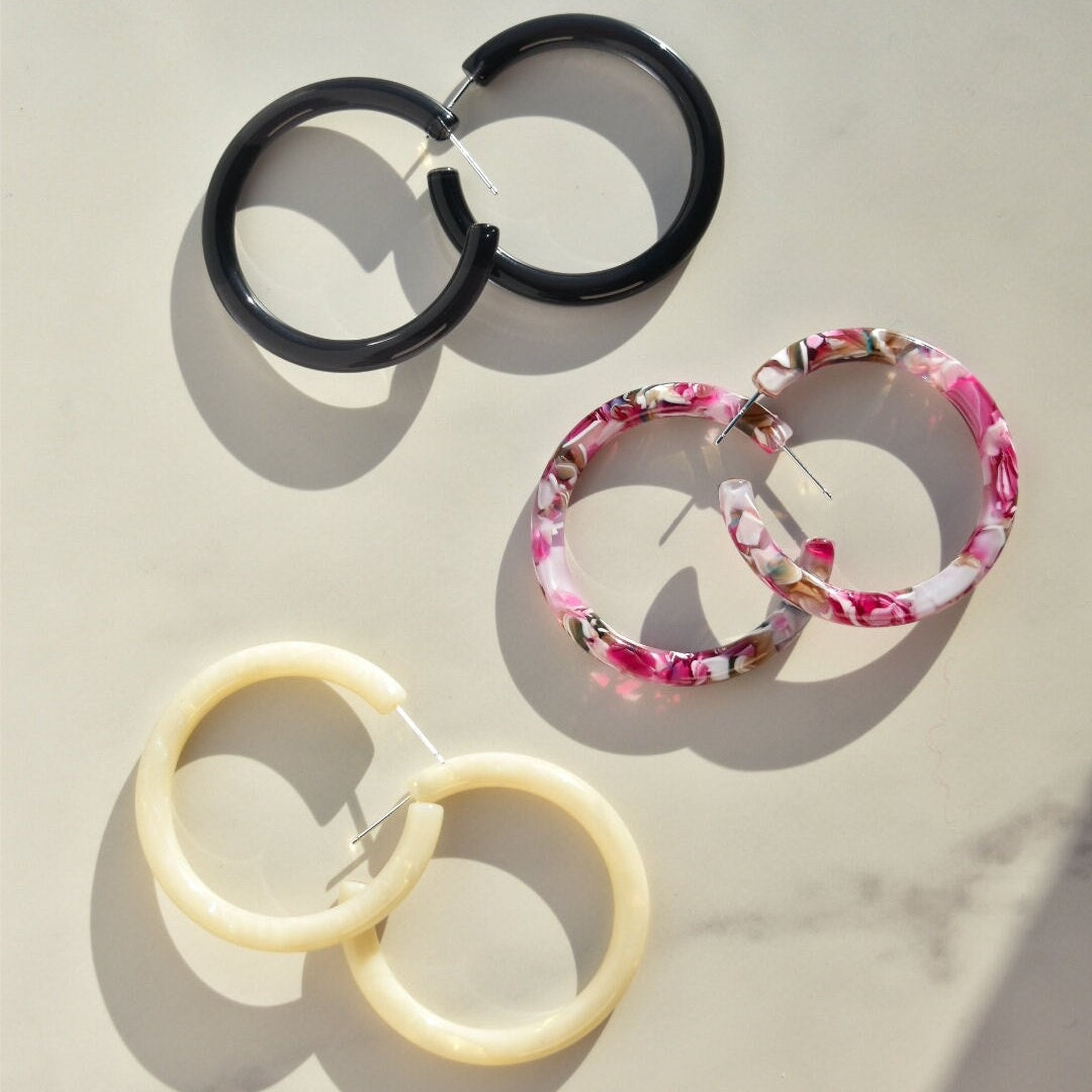 Chunky Opal Acetate Hoop Earrings | S925 Silver Posts (50mm)