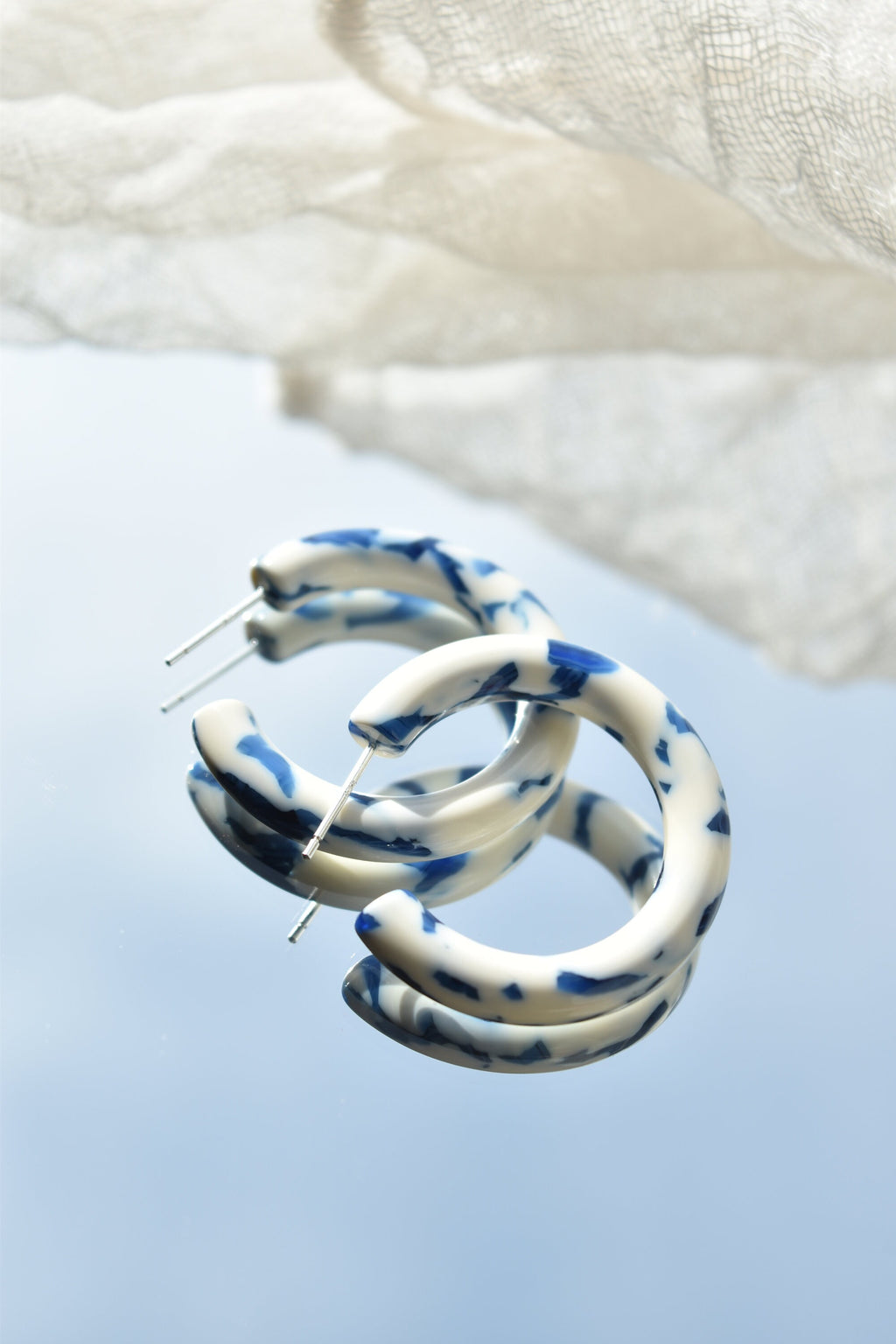 Chunky Porcelain Hoop Earrings | 35mm White and Blue Acetate, Sterling Silver Posts