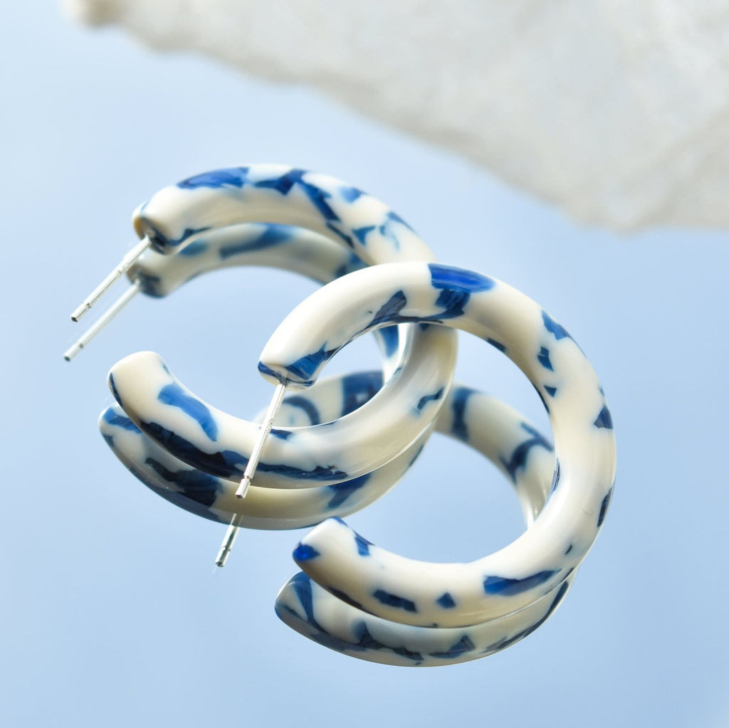 Chunky Porcelain Hoop Earrings | 35mm White and Blue Acetate, Sterling Silver Posts