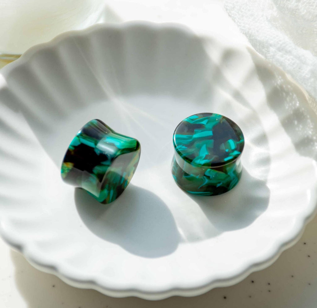 Green Swirl Cellulose Acetate Double Flare Plugs, Hypoallergenic Punk Gauges