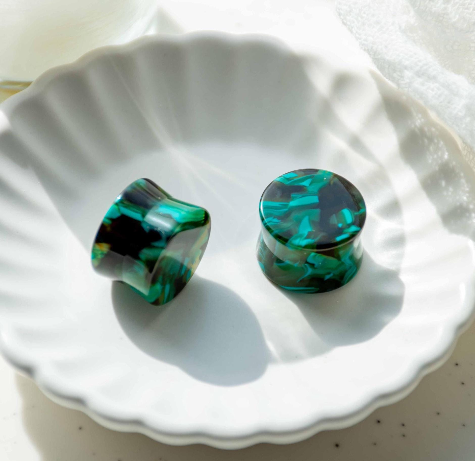 Green Swirl Cellulose Acetate Double Flare Plugs, Hypoallergenic Punk Gauges