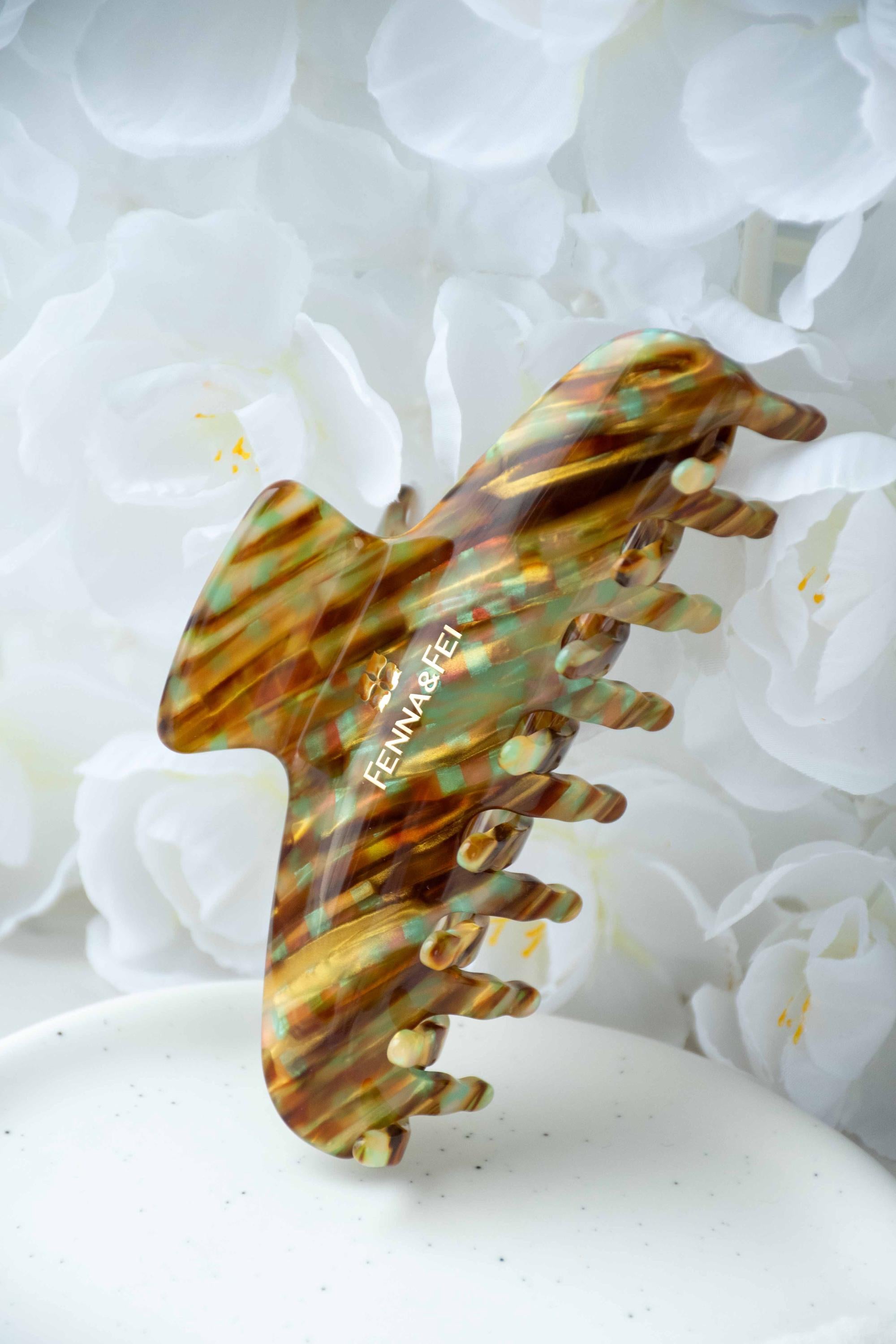 Glamour Grip Wave Claw in Fools Gold | Bronze Gold Teal Glamour Grip | Italian Acetate Tortoise Shell Large Hair Clip
