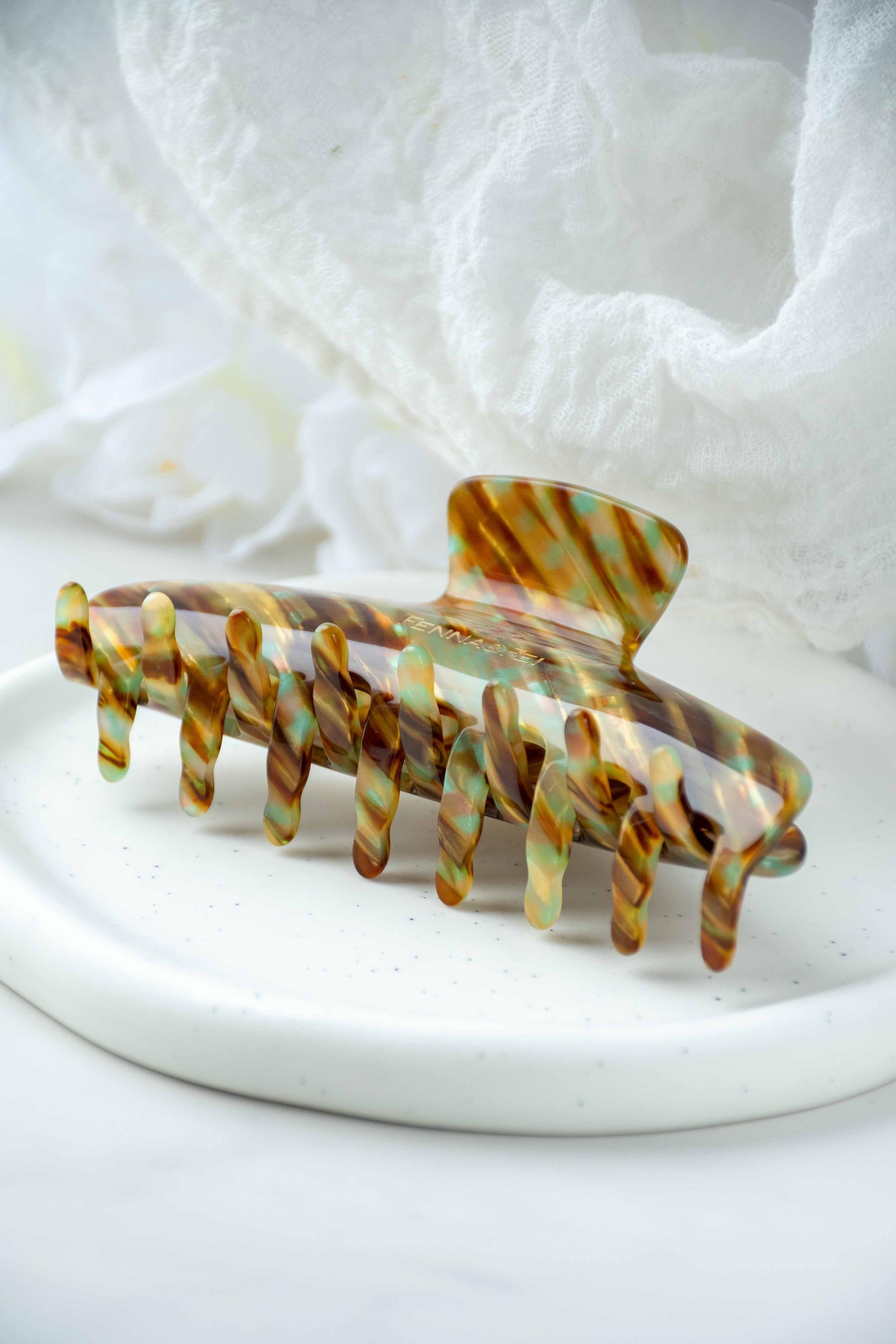 Glamour Grip Wave Claw in Fools Gold | Bronze Gold Teal Glamour Grip | Italian Acetate Tortoise Shell Large Hair Clip