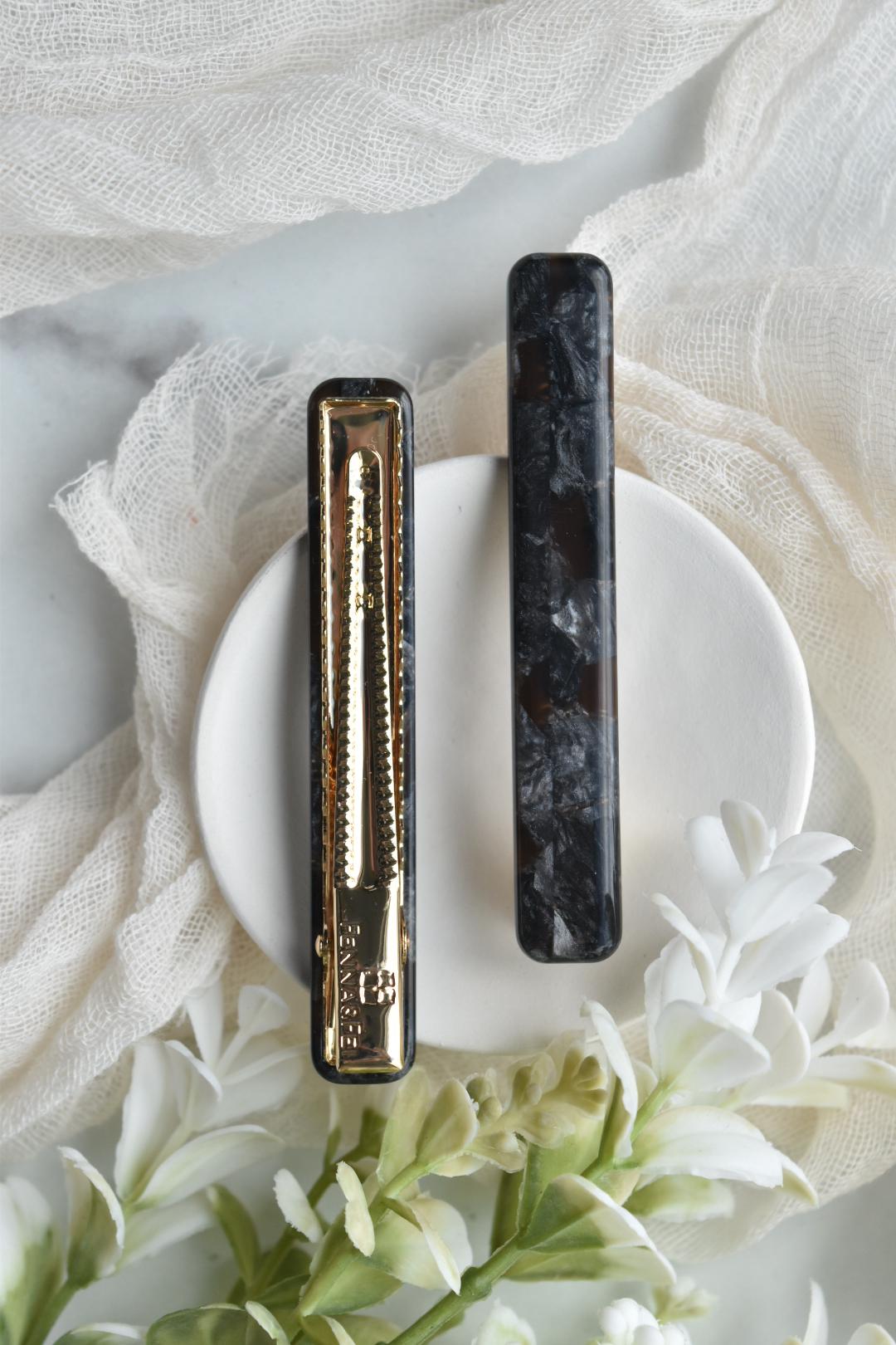 Long Rectangle Hair Clips 3 Pack Set | Acetate Gold Stainless Steel Alligator Hair Clip