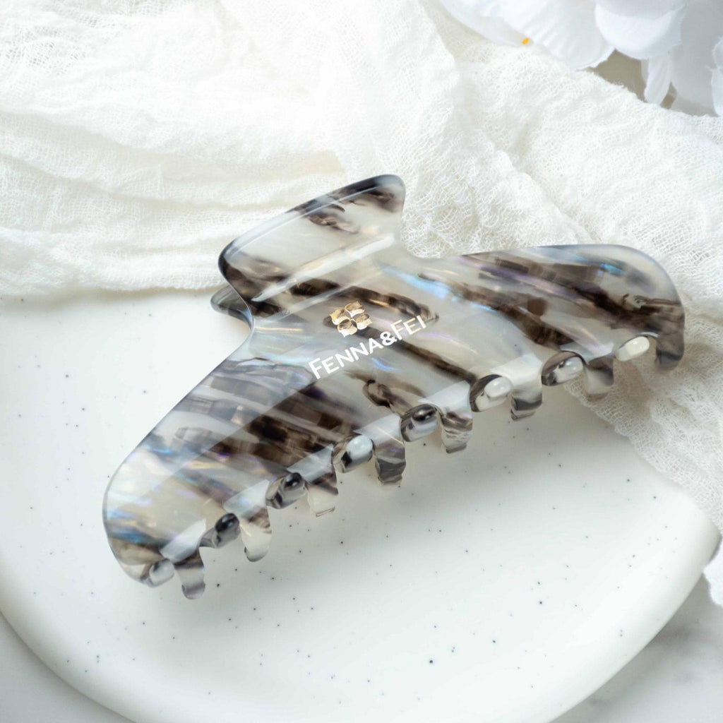 Glamour Grip Wave Claw in Phantom Quartz | Black White Blue Iridescent | Italian Acetate Tortoise Shell Large Hair Clip