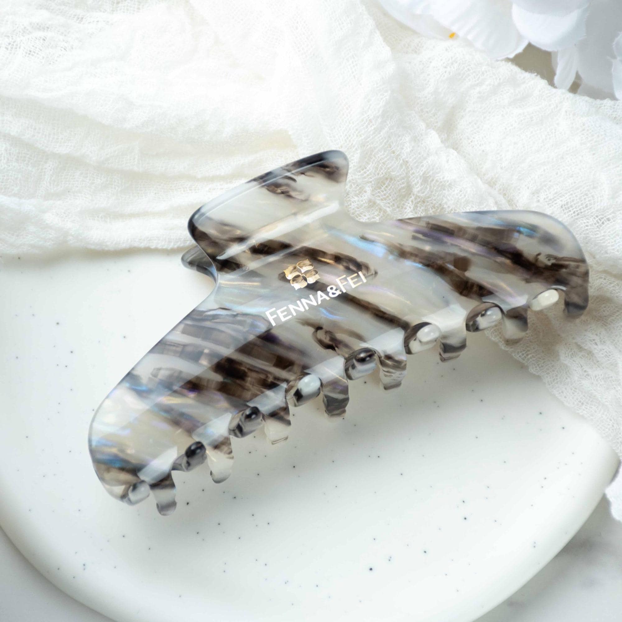 Glamour Grip Wave Claw in Phantom Quartz | Black White Blue Iridescent | Italian Acetate Tortoise Shell Large Hair Clip